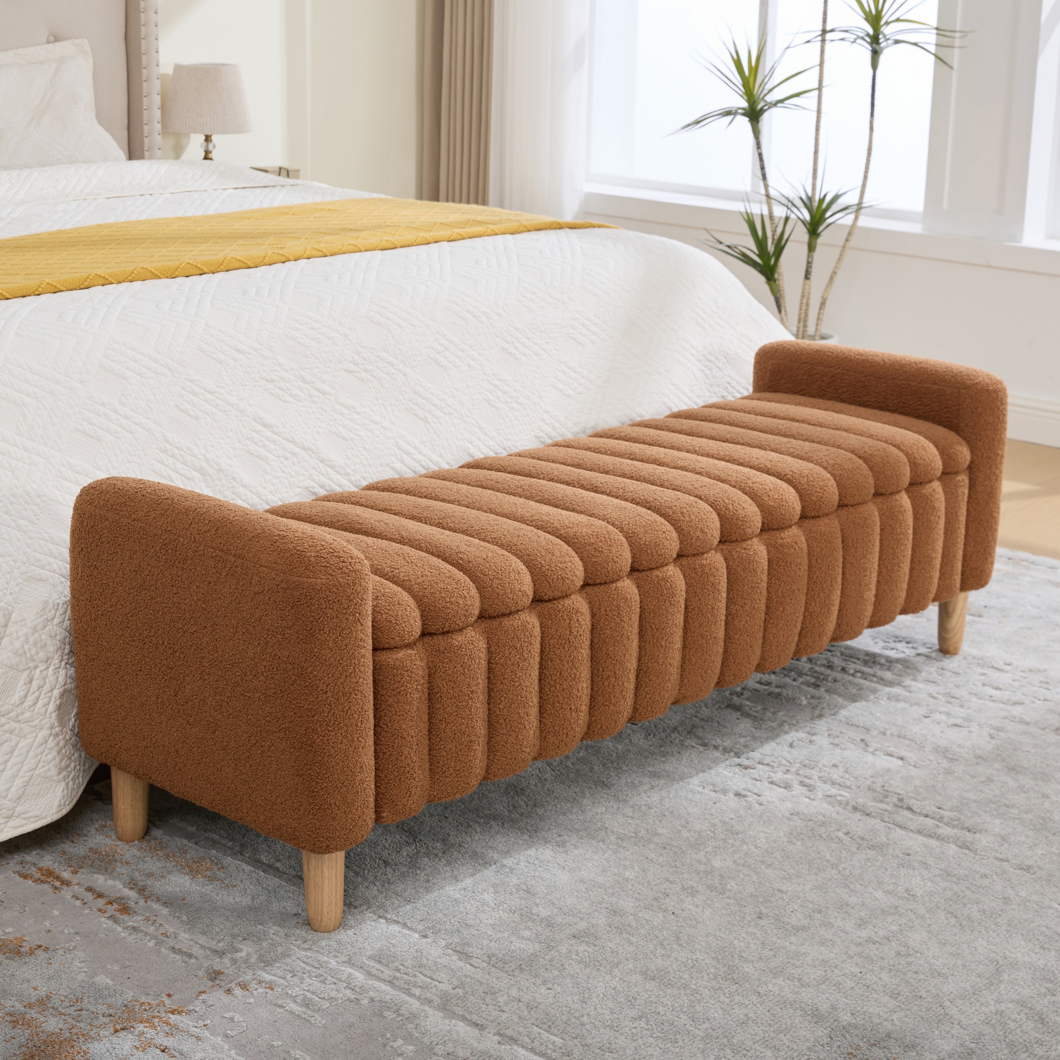 63.4 W Boucle Flip Top Storage Bench With Armrests Modern Upholstered End Of Bed Bench