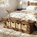 63 End Of Bed Bench Rustic Wooden Storage Bench With 4 Baskets