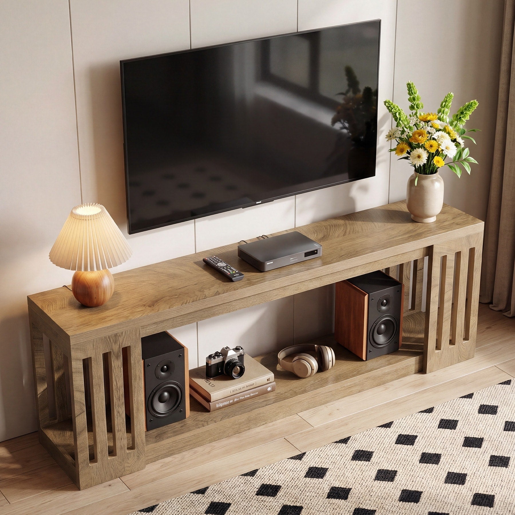 63 Entertainment Center Console Modern Open Shelf Tv Stand With Slatted Sides 63 Inch