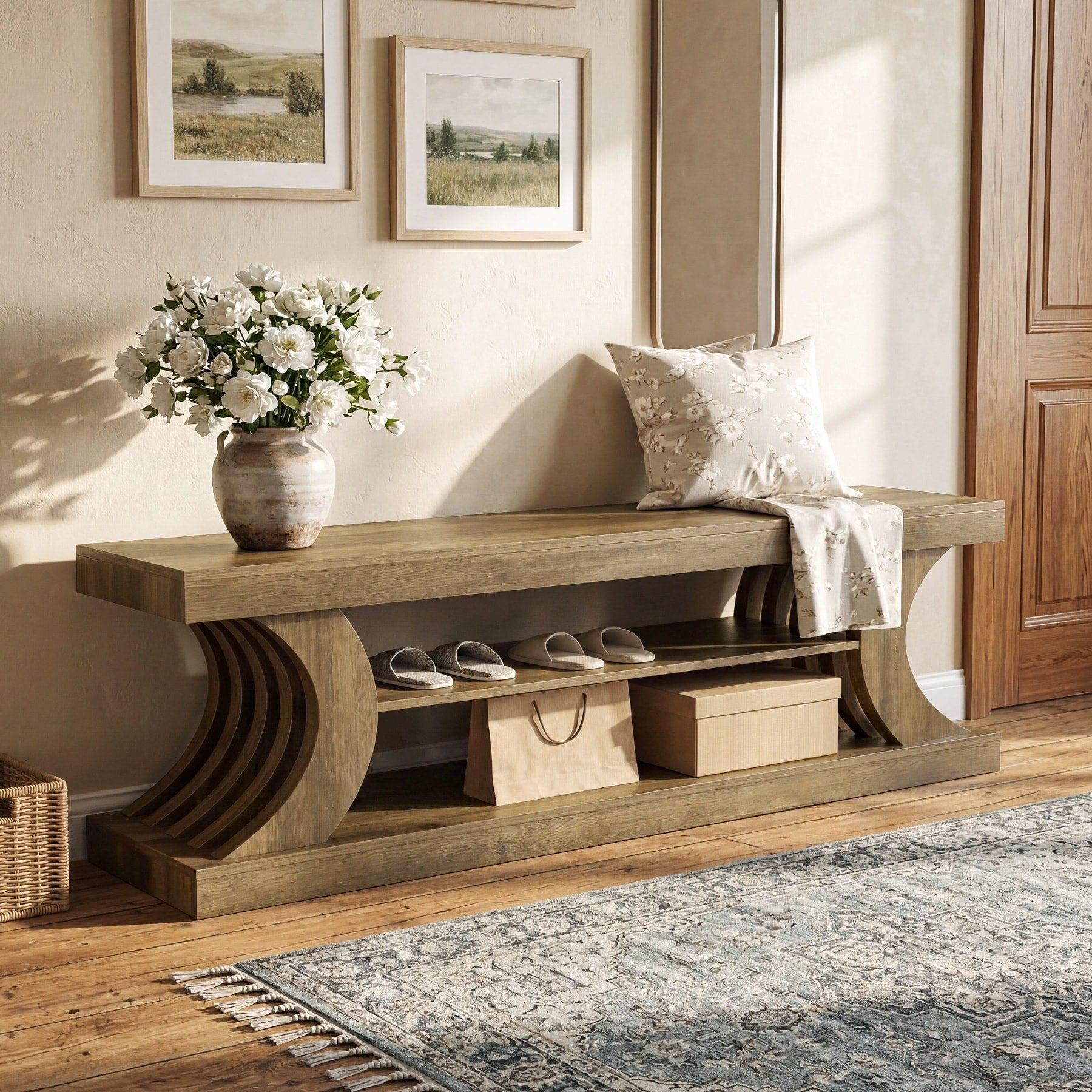 63 Entryway Bench End Of Bed Bench With Open Shelves Shoe Storage Bench For Bedroom Foryer Hallway
