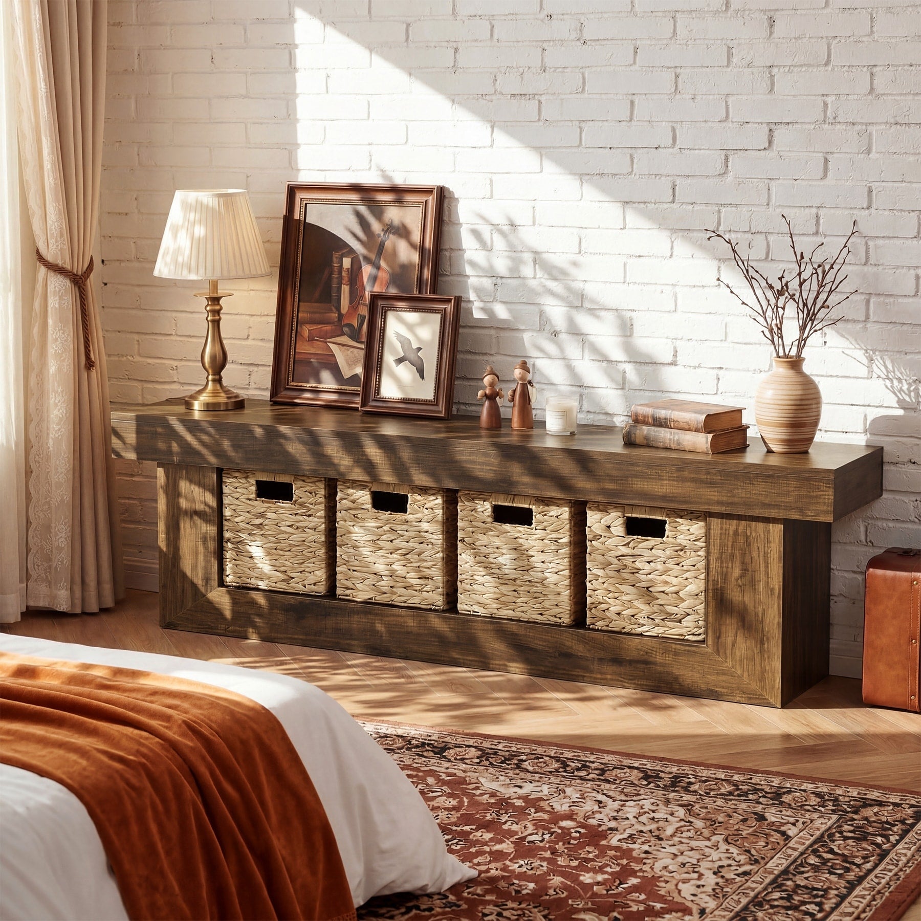 63 Farmhouse Tv Stand With Storage Baskets Wooden Entertainment Center For 55 60 65 Inches Tvs