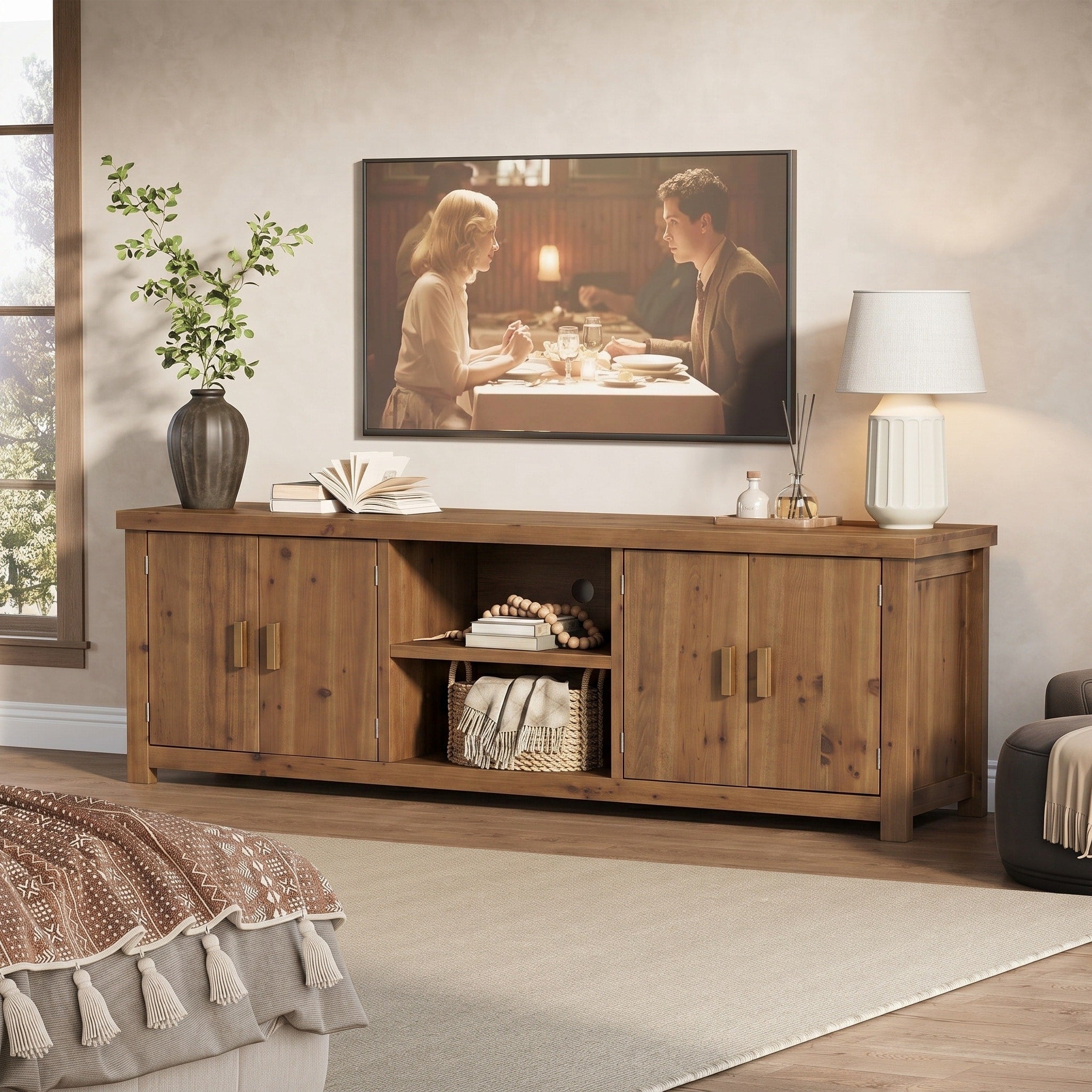 63 Farmhouse Wood Media Console With Cabinets Shelves