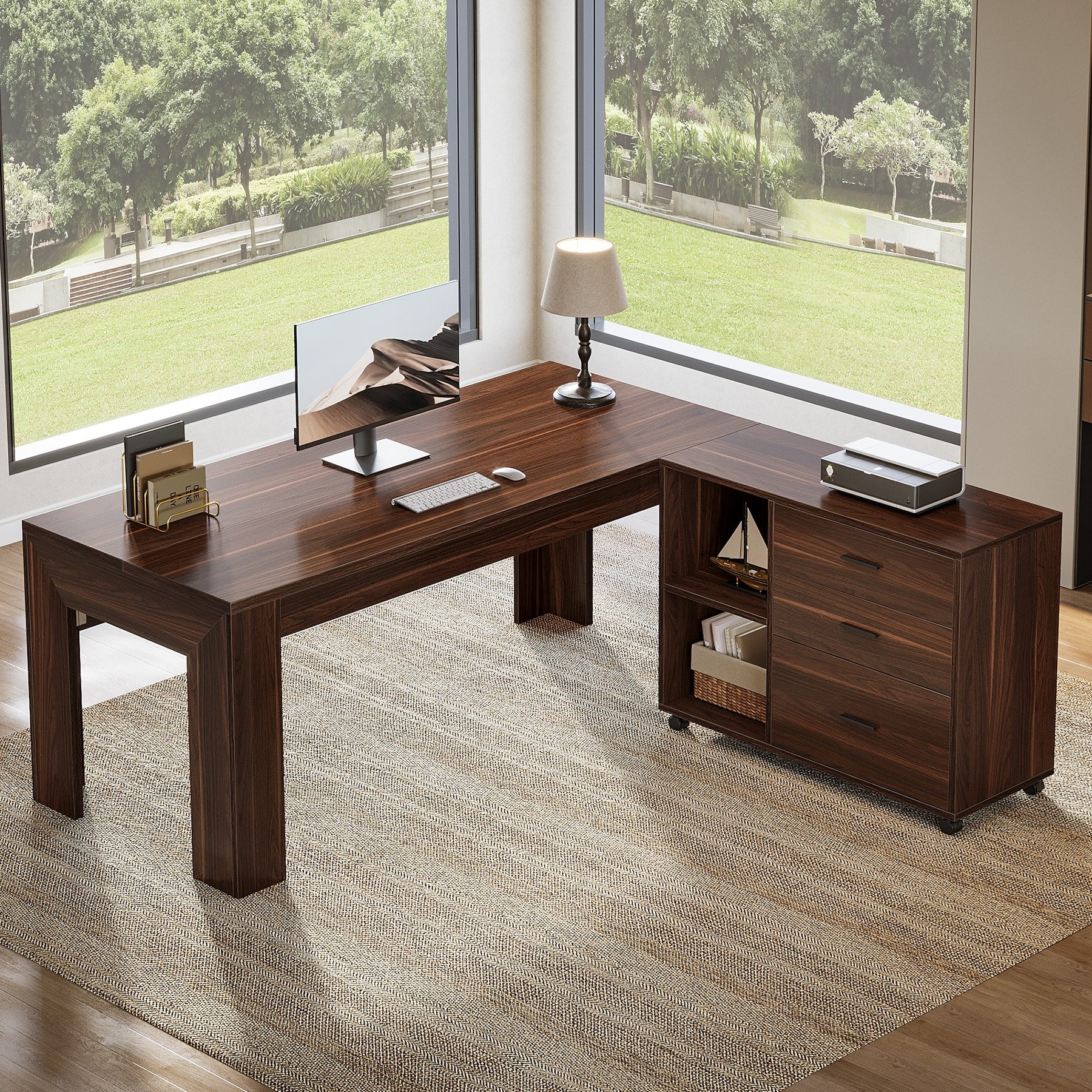 63 L Shaped Desk With Storage Executive Office Desk With Rolling File Cabinet Combo Large Computer Table With Drawers