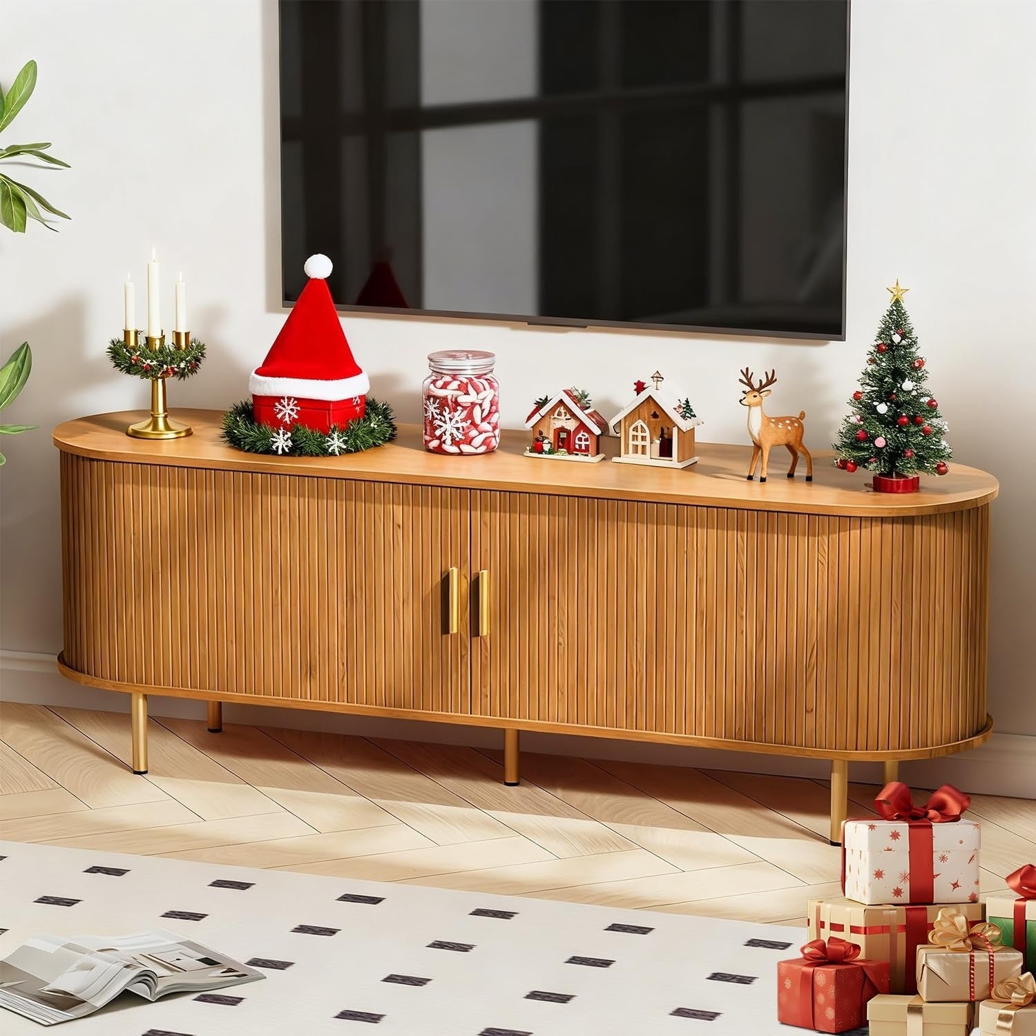 63 Mid Century Tv Stand With Power Outlet For Tvs Up To 70 Inch Media Console With Adjustable Shelves Sliding Doors
