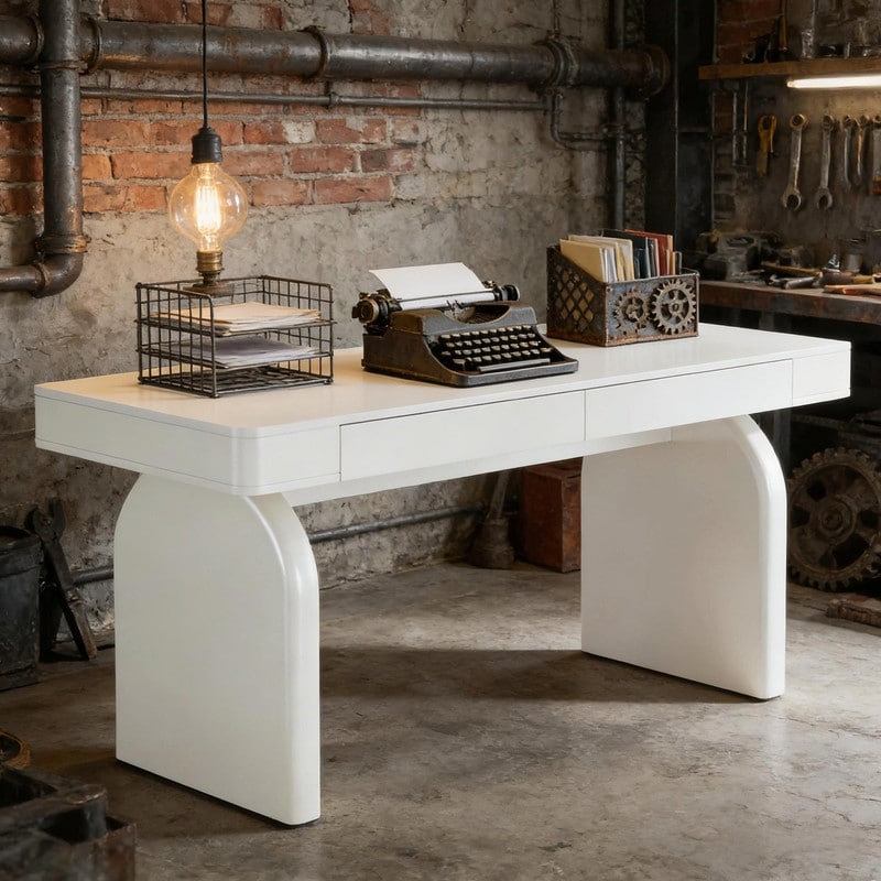 63 Modern White Office Desk With 2 Drawers And Sturdy U Shaped Legs
