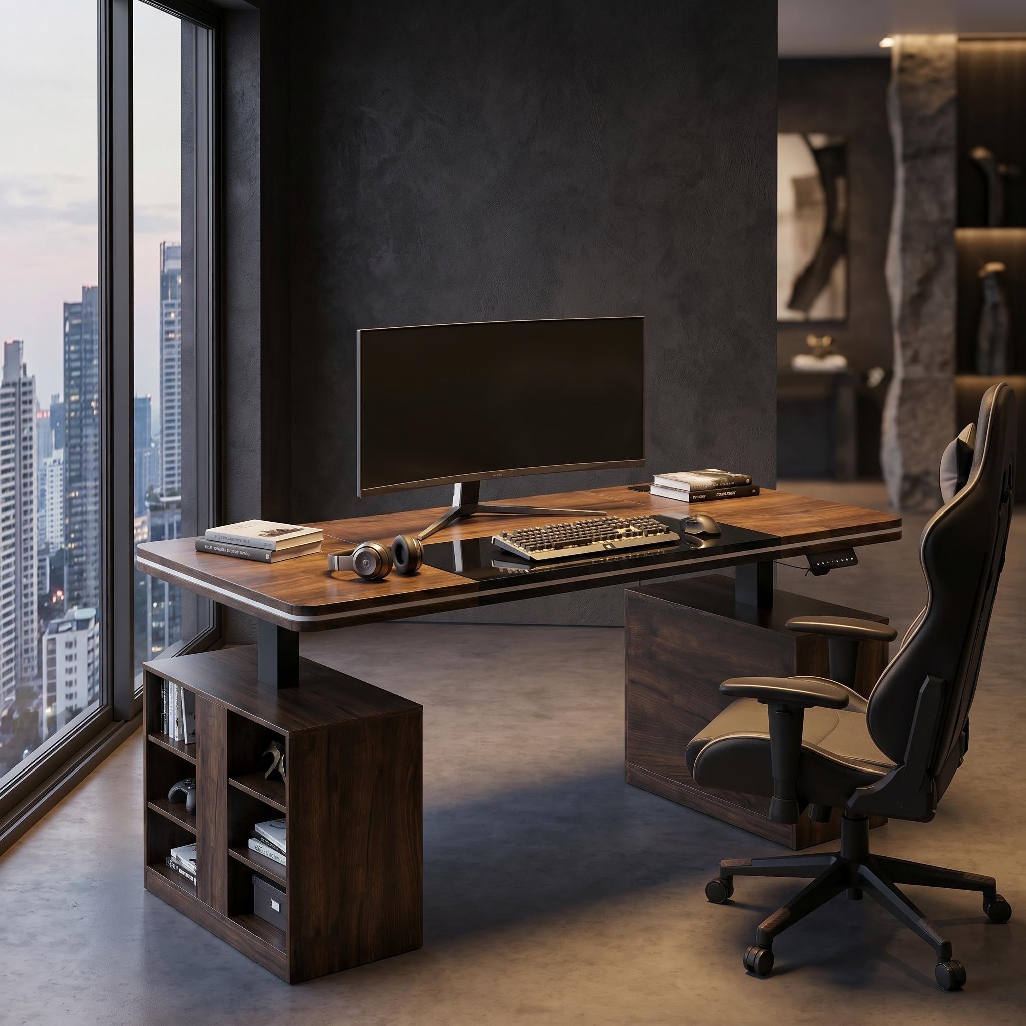 63 Smart Gaming Desk With Rgb Led Lights App Control Electric Standing Desk With 2 Storage Units Sit To Stand Tech Station