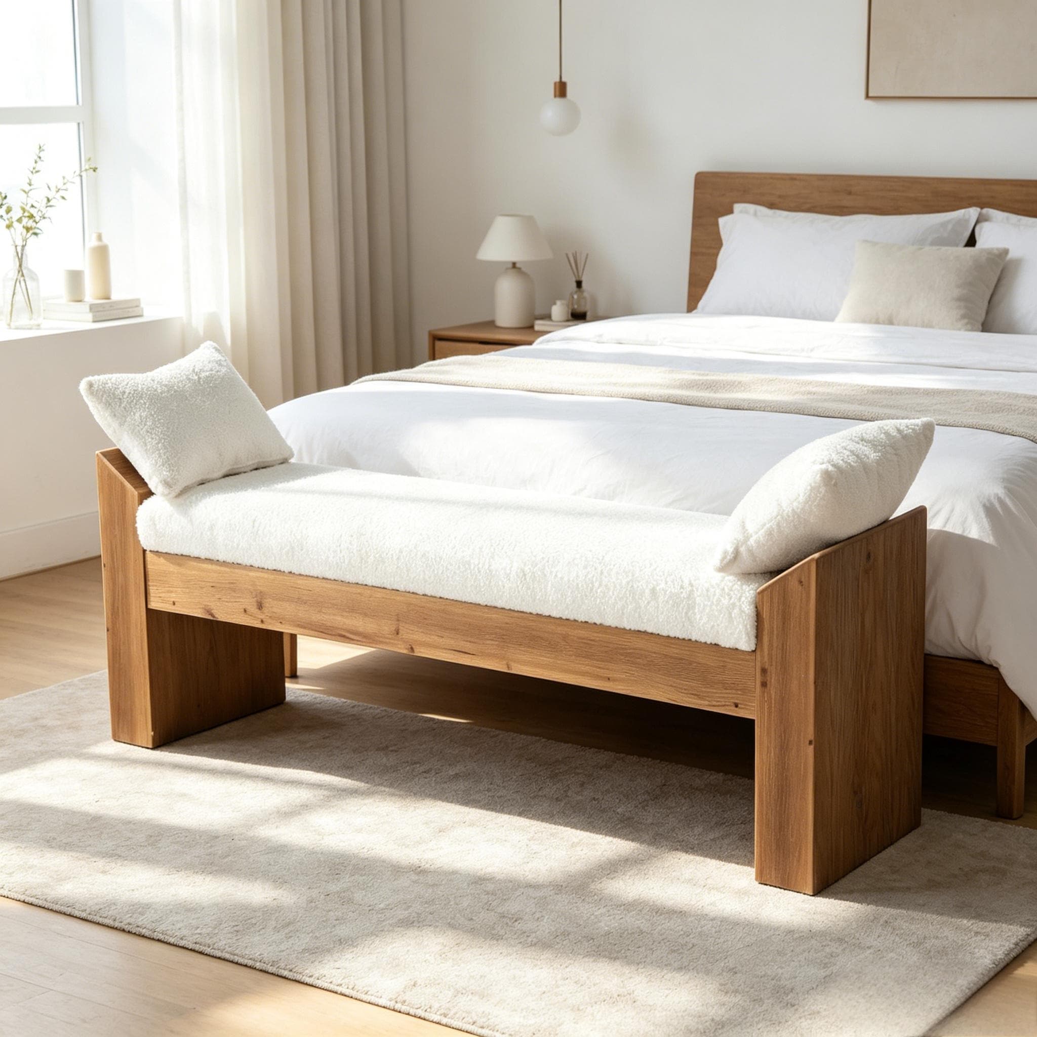 63 Solid Wood Bed Bench Lambswool Cushion Farmhouse