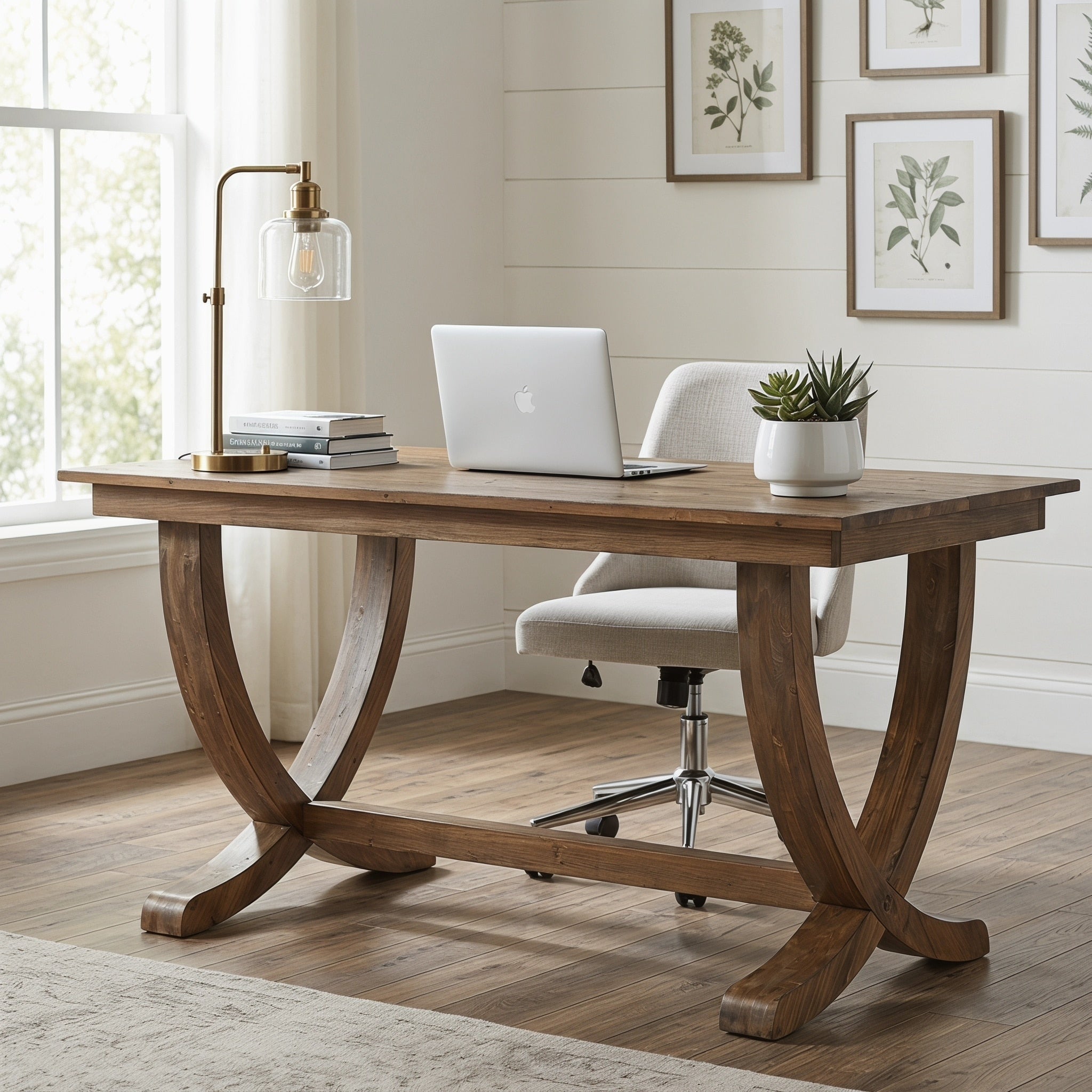 63 Solid Wood Computer Desk Modern Farmhouse Home Office Desk With Curved Pedestal Base Large Workstation Writing Desk