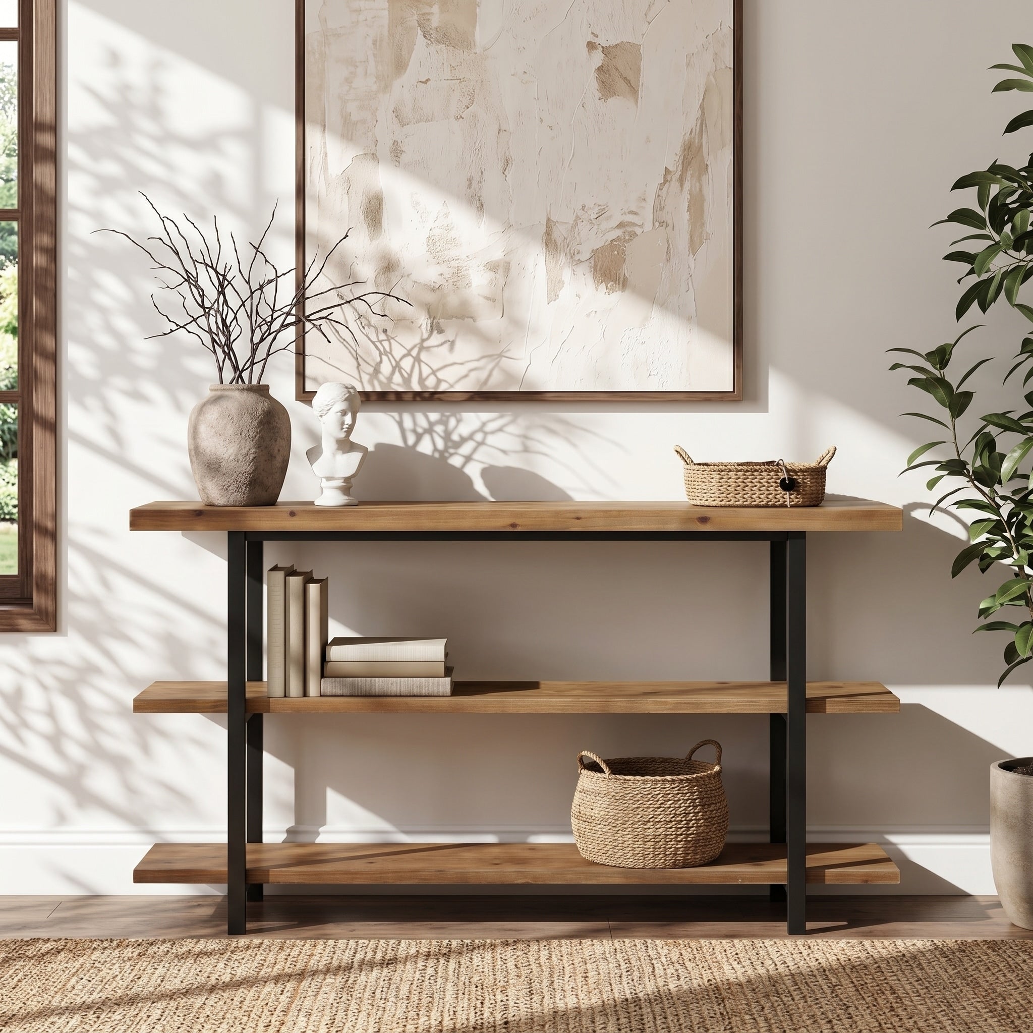 63 Solid Wood Console Table With 3 Tier Storage Shelves Industrial Sofa Table