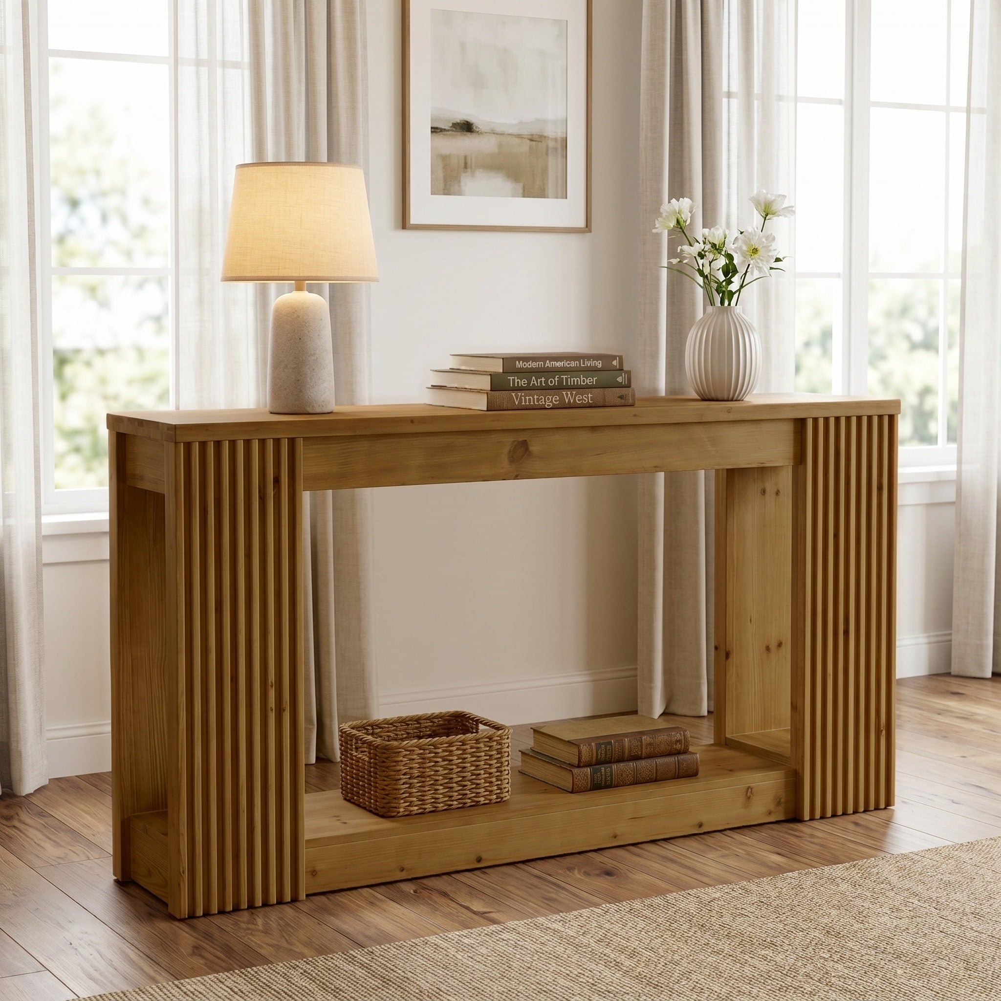 63 Solid Wood Console Table With Fluted Legs For Living Room