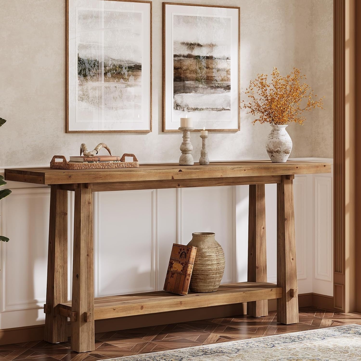 63 Solid Wood Console Table 2 Tier Farmhouse Entryway Sofa Table For Living Room Hallway 63 L X 13.8 W X 32.7 H