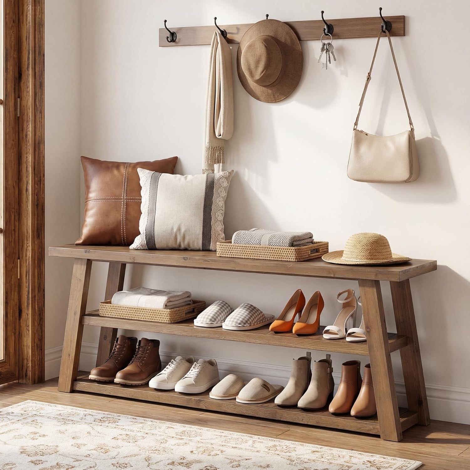 63 Solid Wood Entryway Bench With Open Shelves 3 Tier Long Farmhouse Wooden Indoor Shoe Rack Bench