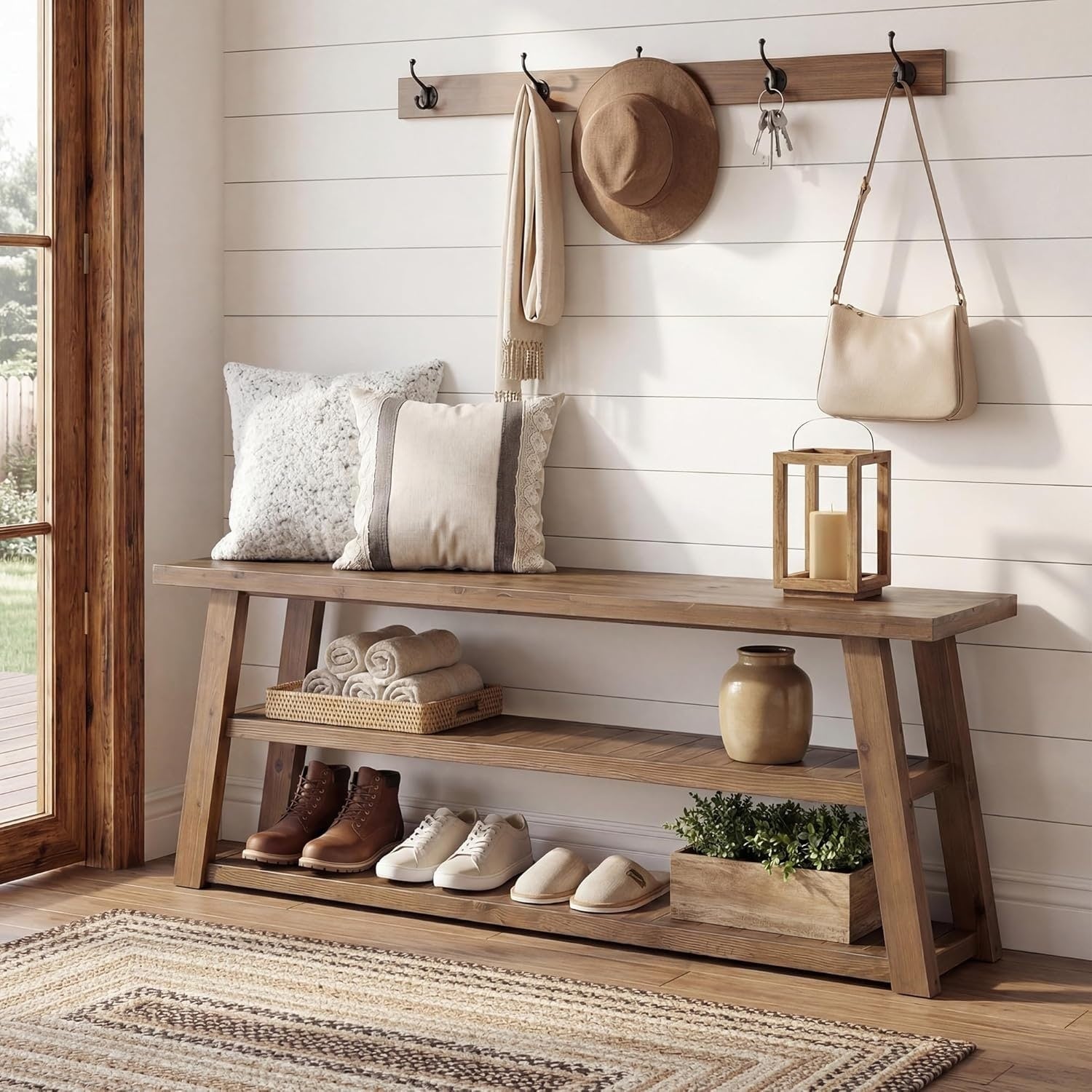 63 Solid Wood Entryway Bench With Storage 3 Tier Long Farmhouse Wooden Indoor Shoe Rack Bench With Open Shelves