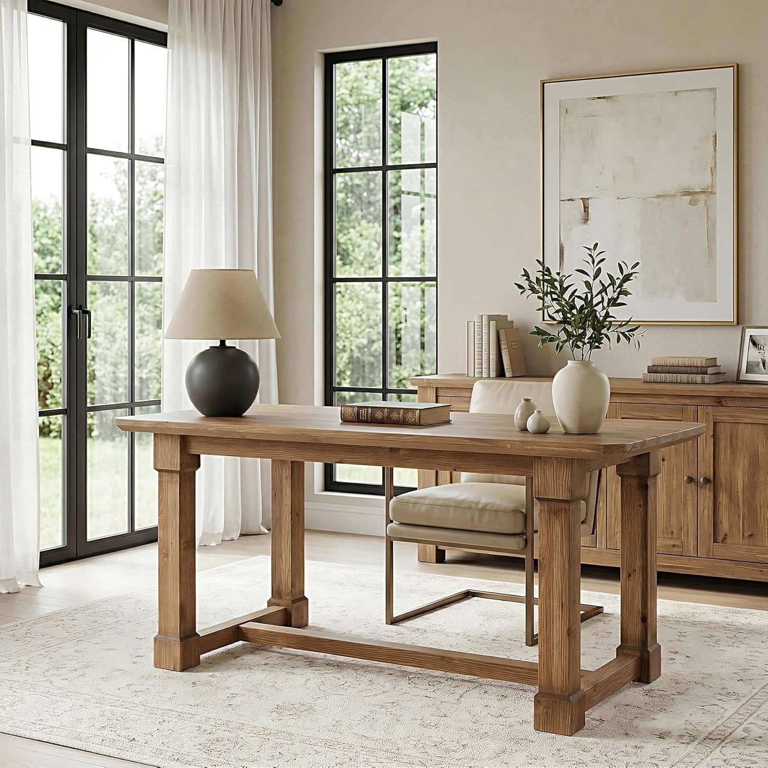 63 Solid Wood Executive Desk Rustic Farmhouse Thick Wooden Home Office Computer Desk