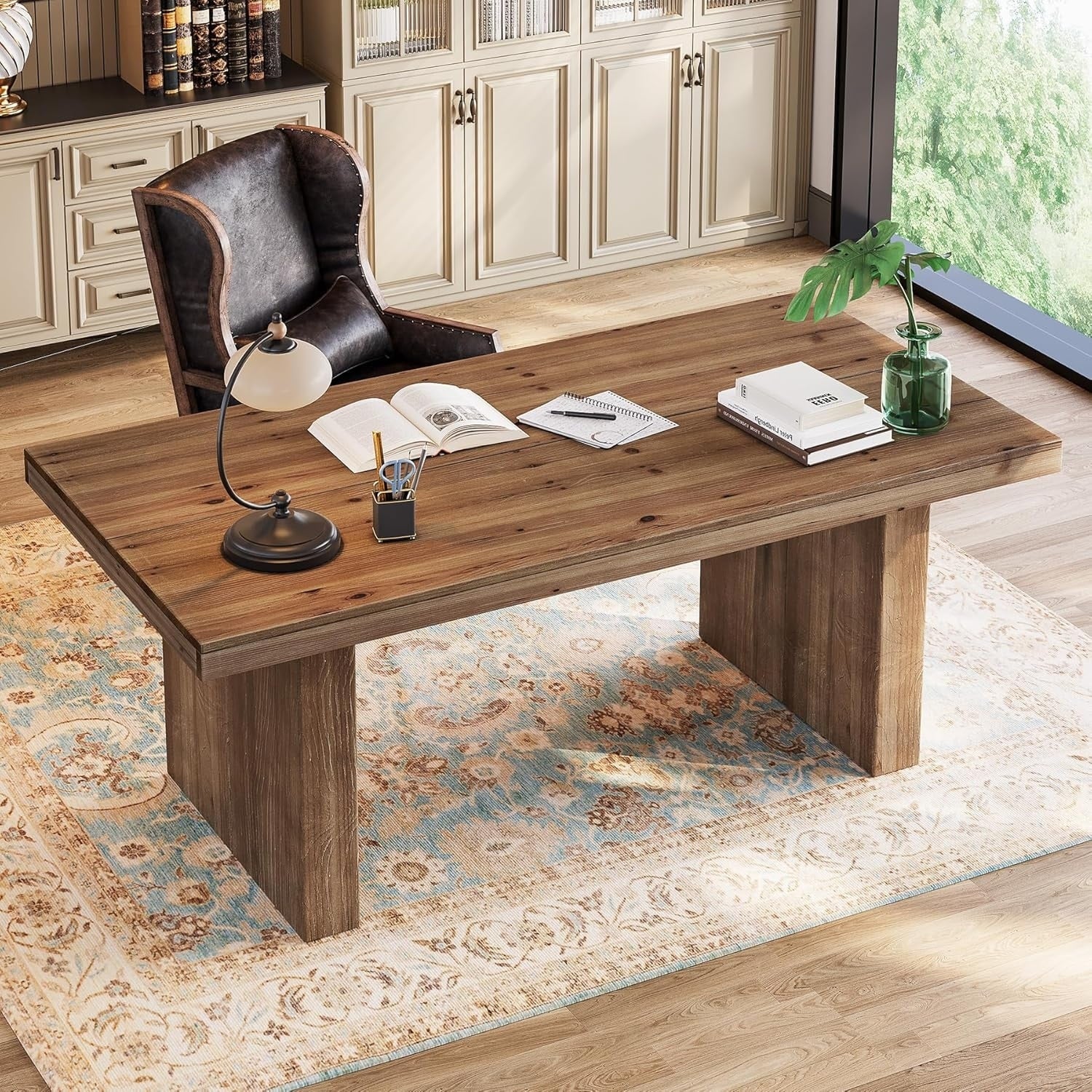 63 Solid Wood Home Office Desk Study Large Executive Computer Desk With Sturdy Wooden Legs