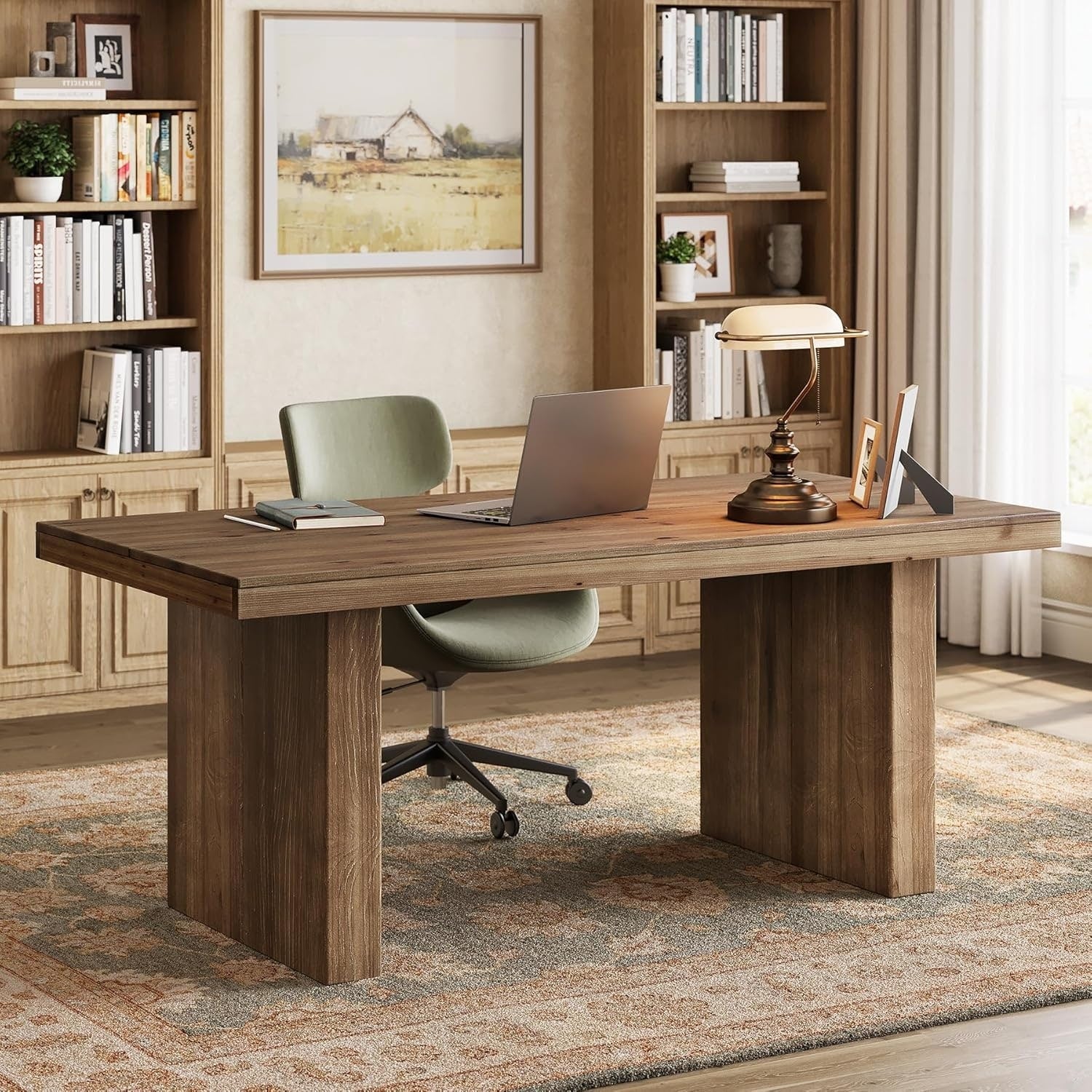 63 Solid Wood Home Office Desk Modern Large Executive Computer Desk With Sturdy Wooden Legs