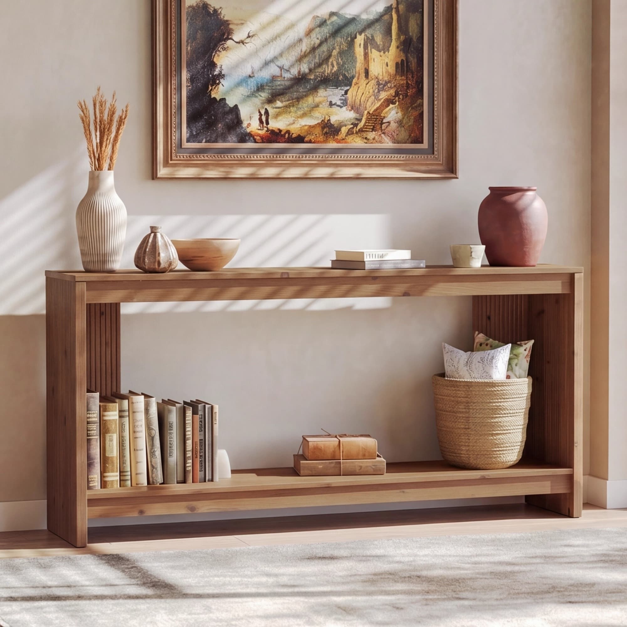 63 Solid Wood Sofa Console Table With 2 Tier Storage Shelf For Entryway Or Living Room