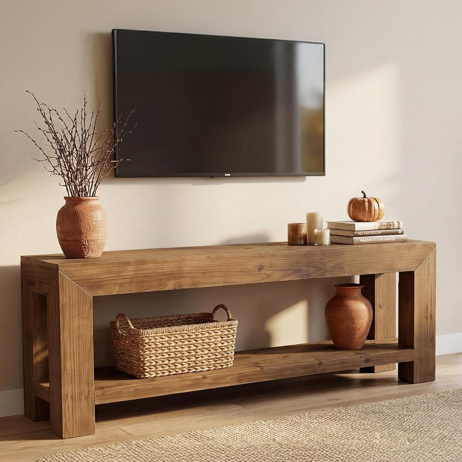 63 Solid Wood Tv Stand For Tvs Up To 75 2 Tier Tv Console Entertainment Center With Open Storage Shelves