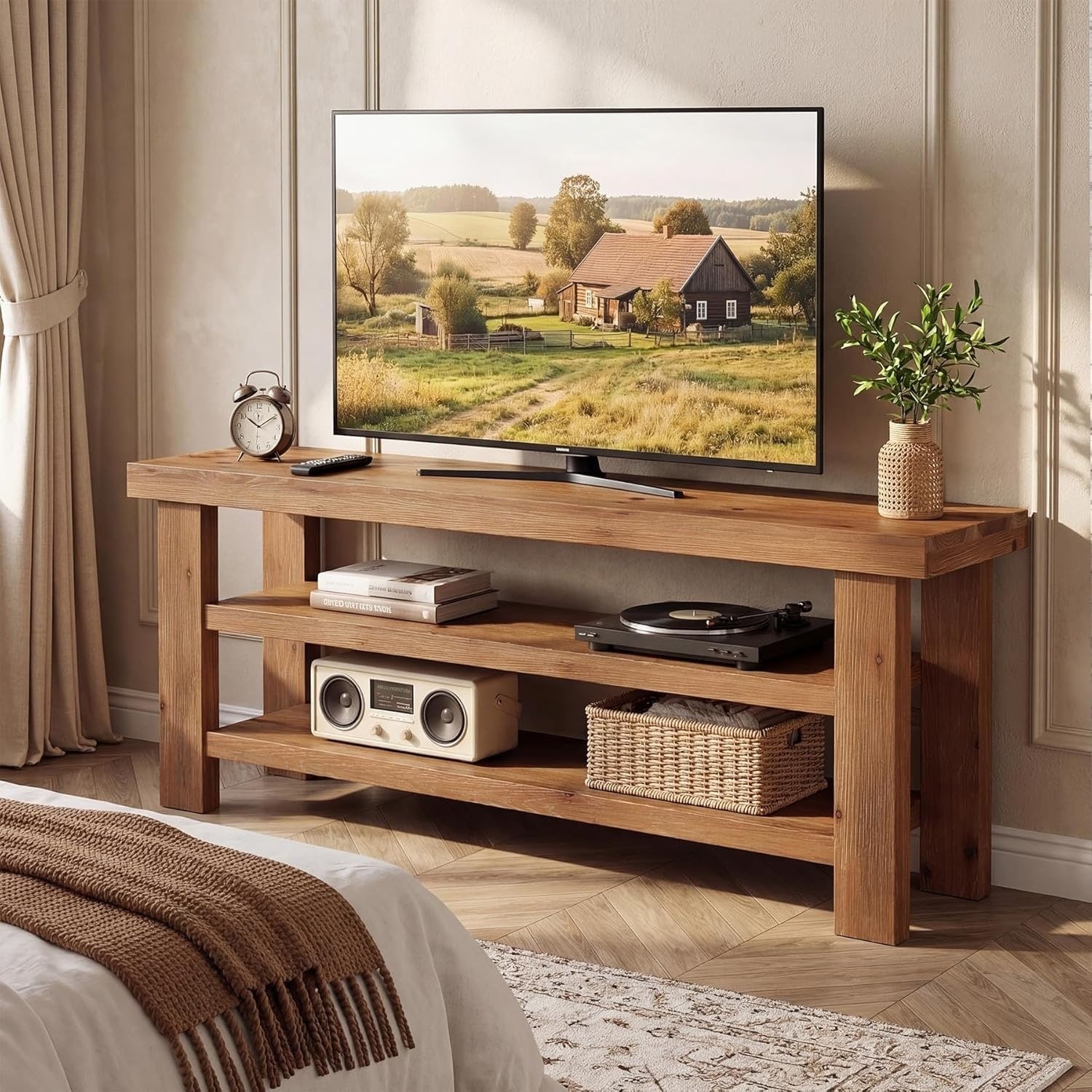 63 Solid Wood Tv Stand With 2 Tier Open Storage Shelves For 55 60 65 75 Inch Tvs Media Console