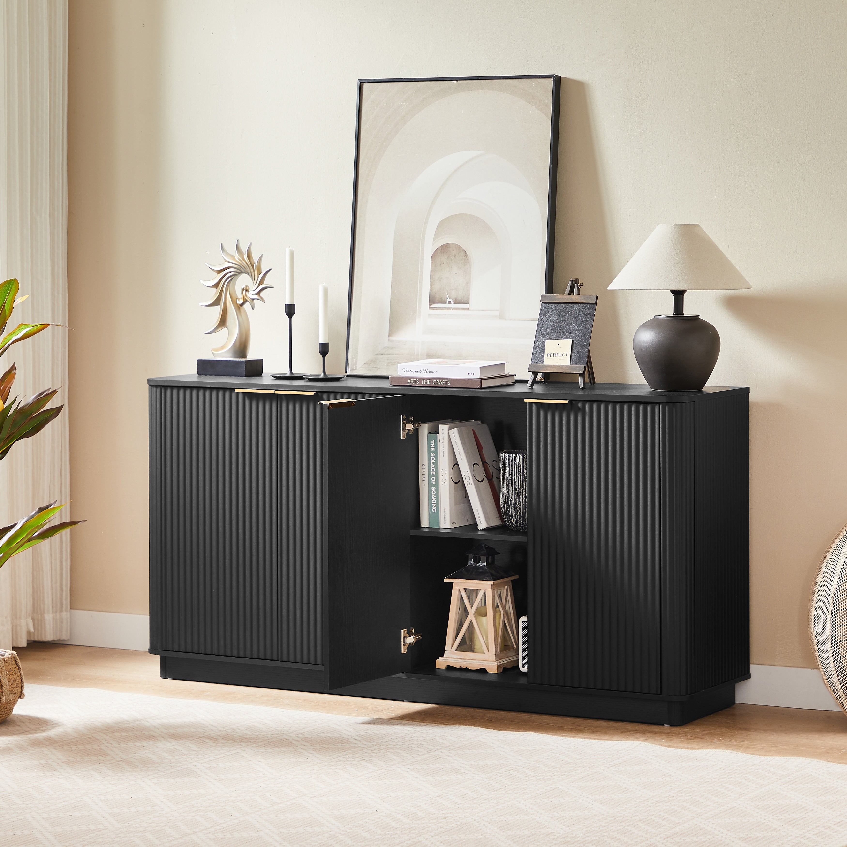 63 Vertical Stripe Buffet Cabinet Sideboard With Stoarge Curved Wave Design Tv Stand For Bedroom Living Room