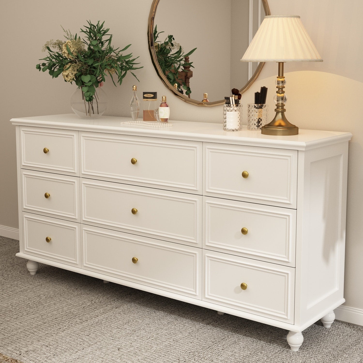 63 Wide 9 12 Drawer Dresser For Bedroom Modern Farmhouse Double Dresser With Gold Knobs Large Storage Chest