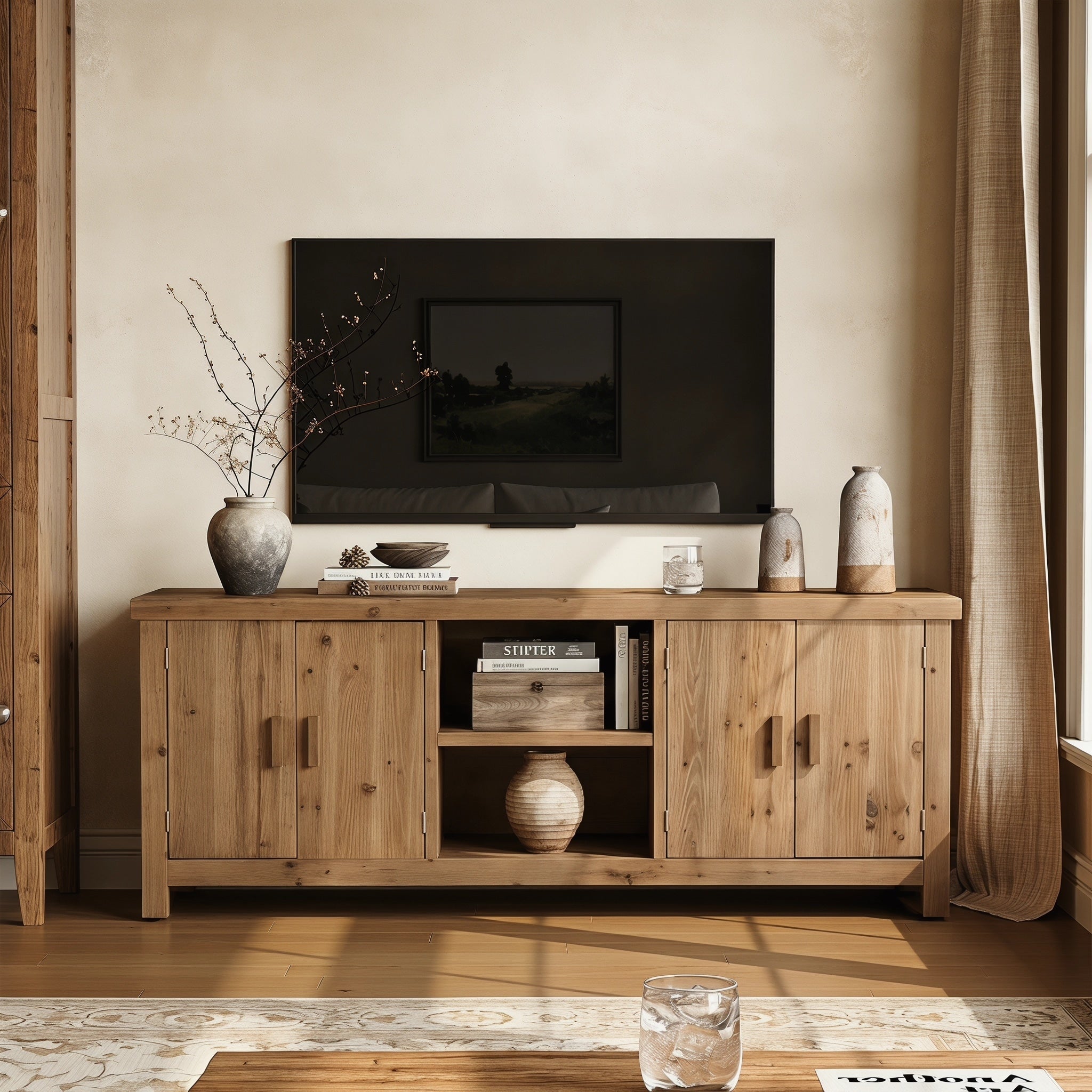 63 Wood Tv Stand For Tvs Up To 70 Farmhouse Media Console With Cabinets Shelves