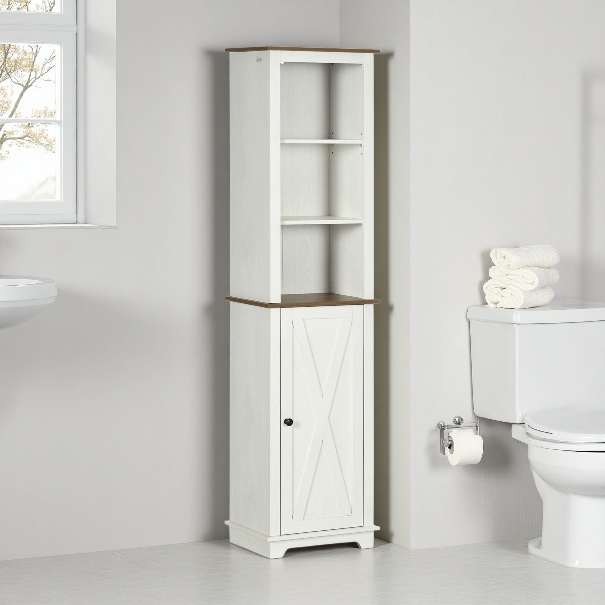 63 H Slim Bathroom Storage Cabinet With Triple Open Shelves Wooden Freestanding Linen Tower With Door And Shelf Adjustability