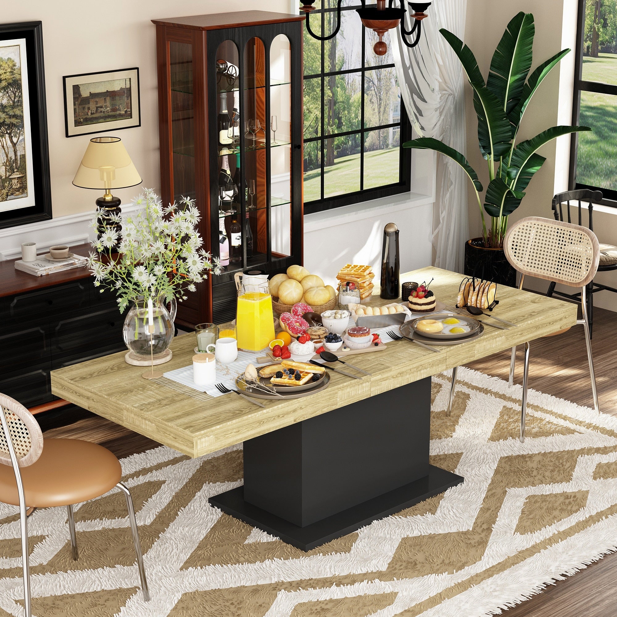 63 78.7 Extendable Dining Table Modern Wood Conference Table Convertible Office Desk Meeting Table