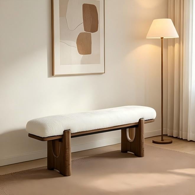 64 Inch Wood Upholstered Accent Bench For Entryway Lambswool Shoe Bench With Foam Padding Modern Farmhouse Seating For 2
