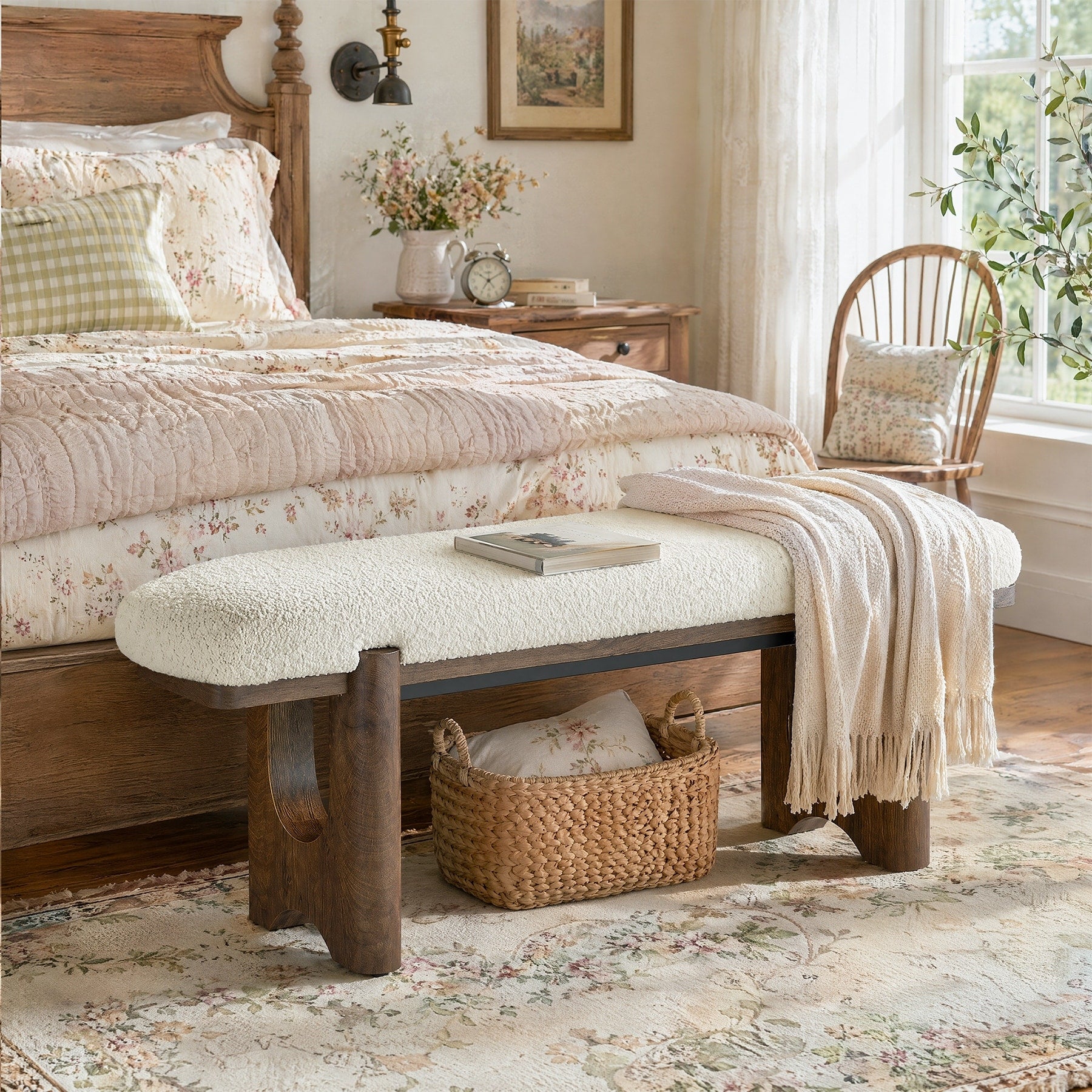 64 Inch Wood Upholstered Accent Bench For Entryway Lambswool Shoe Bench With Foam Padding Modern Farmhouse Seating For 2