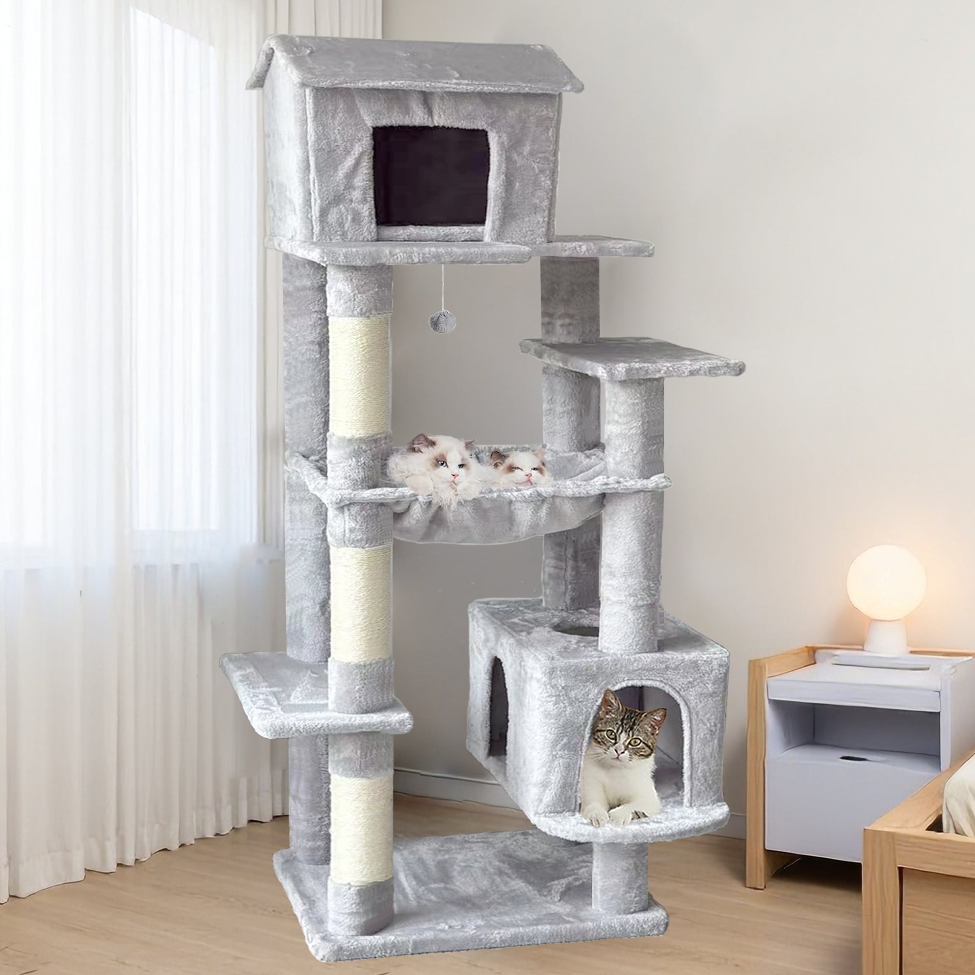 64 In Cat Tree With Unique Cat House Hammock Scratching Posts Plush Cat Tower For Indoor Cats For Multiple Cats