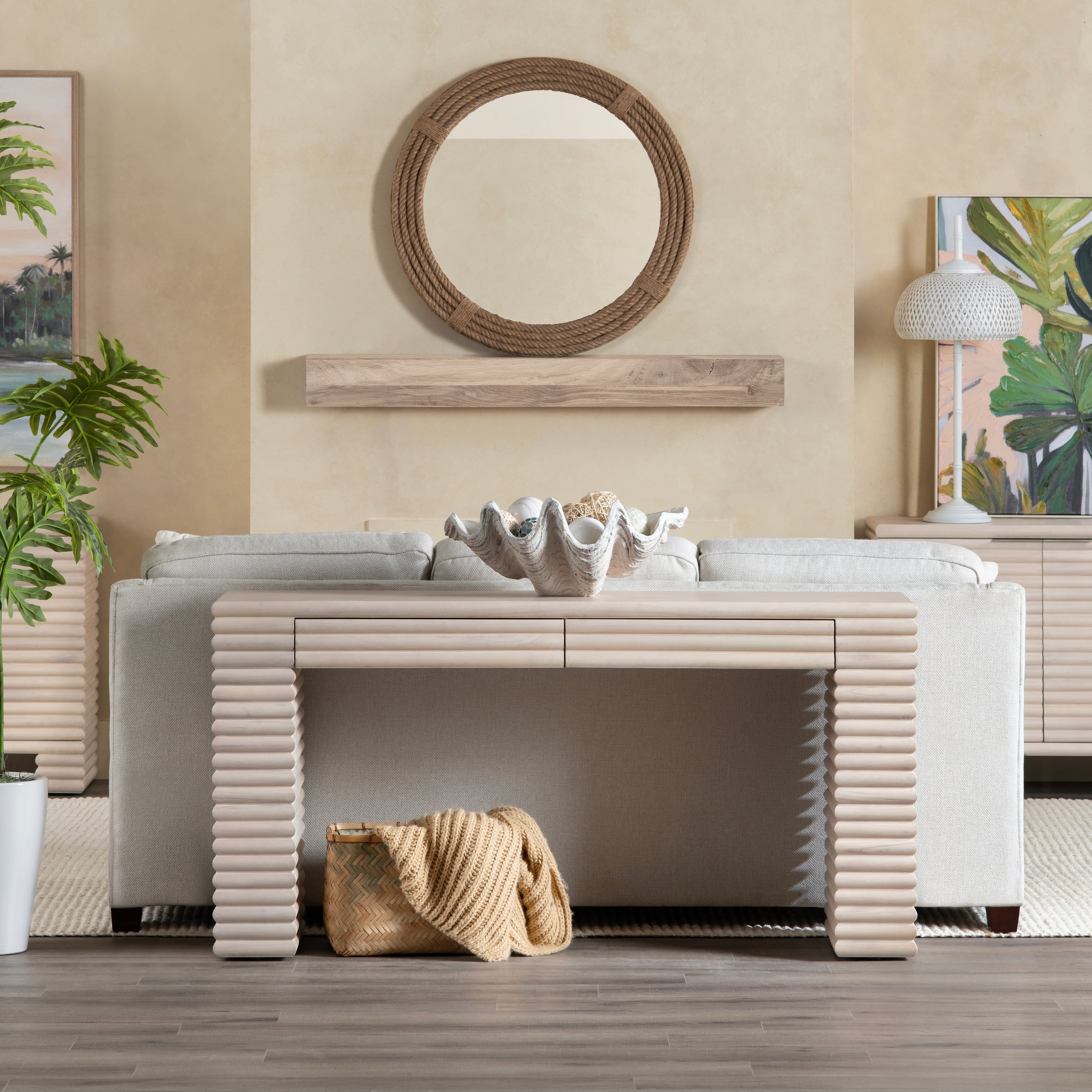 64.02 In. Cream Solid Wood 2 Drawer Accent_Console_Sofa Table