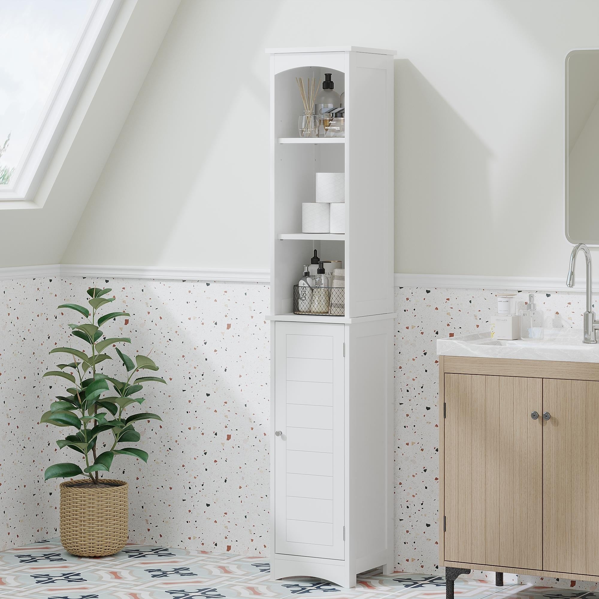 64.17 Tall Bathroom Storage Cabinet With Adjustable Shelves Slim 1 Doors Freestanding Cabinet With Anti Tip Open Compartments