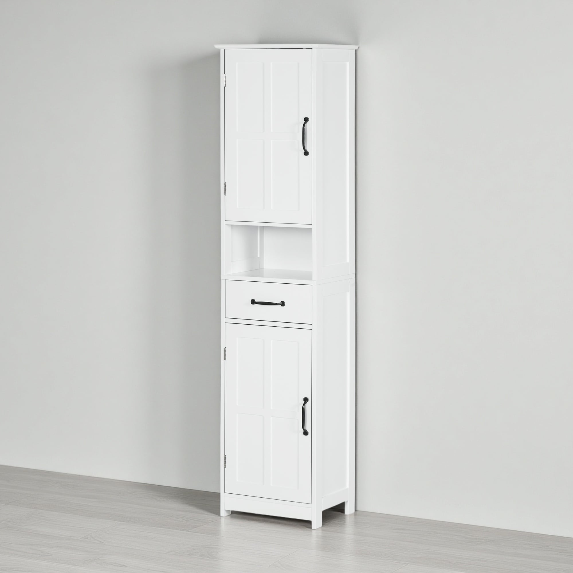 64.5 H Slim Bathroom Storage Cabinet Tall Cabinet Linen Tower With Open Shelf Drawer Recessed Doors And Adjustable Shelves
