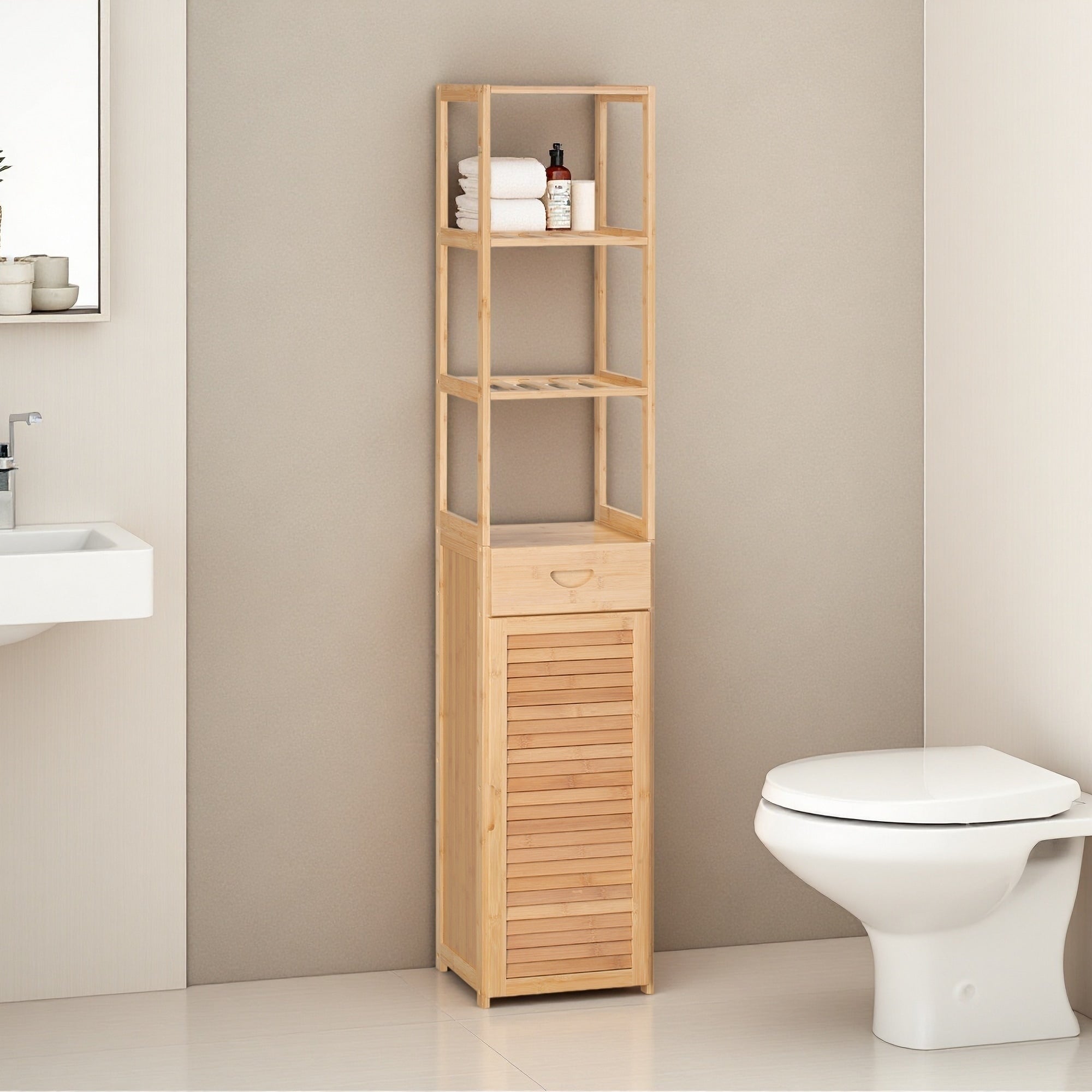 64 H Tall Bathroom Cabinet With Drawer And Slatted Shelves Slim Bamboo Linen Tower With Louvered Door
