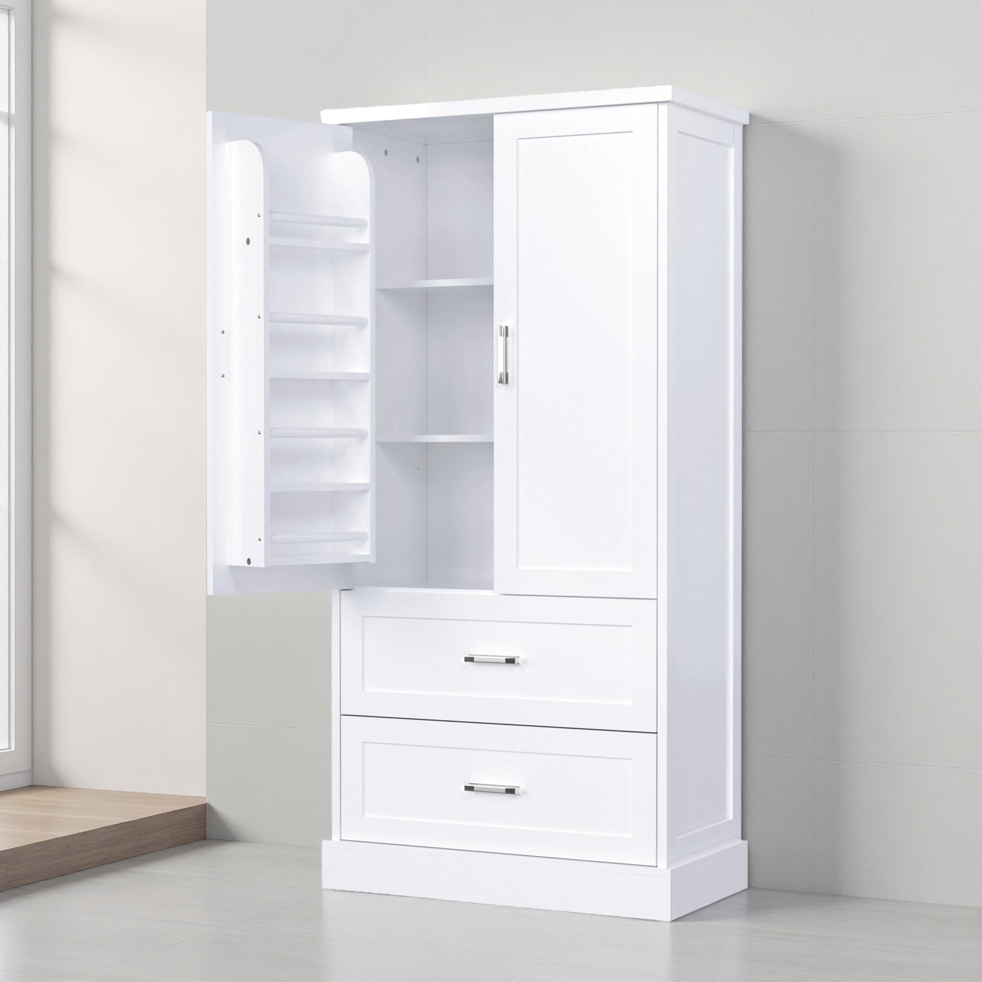 64 H Tall Bathroom Storage Cabinet With Two Doors And Drawers Adjustable Shelf Mdf Board