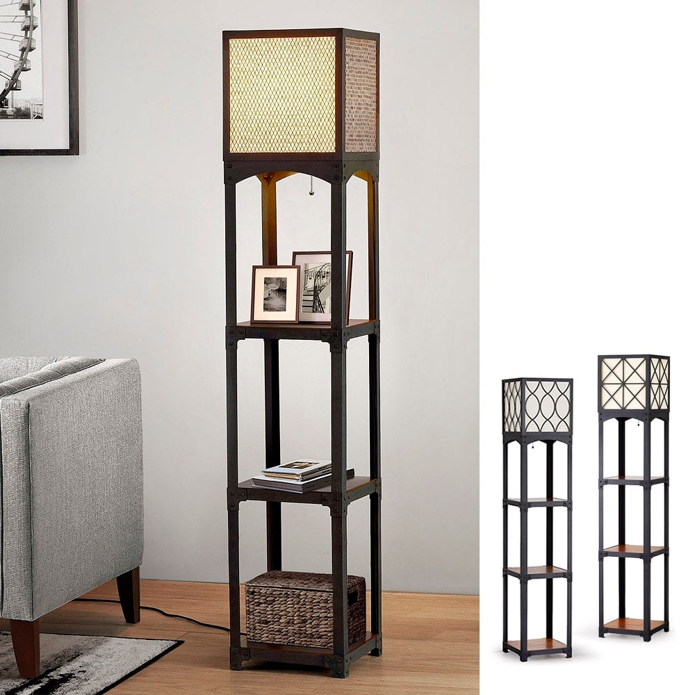 64 H Vintage Iron With Wood Shelves Floor Lamp