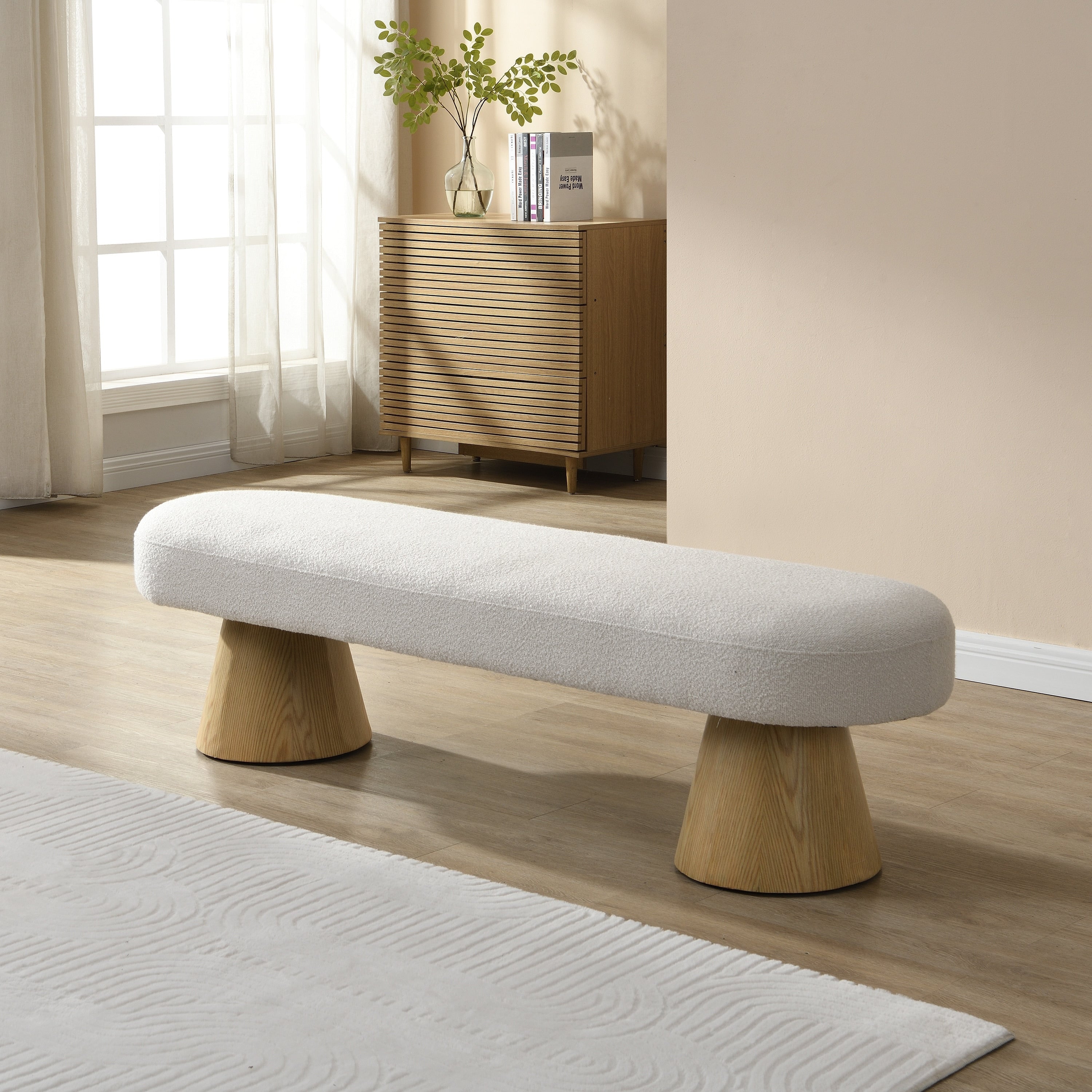 64 L Beige Boucle Dining Room Ottoman Bench Upholstered End Of Bed Entryway Seating Solution