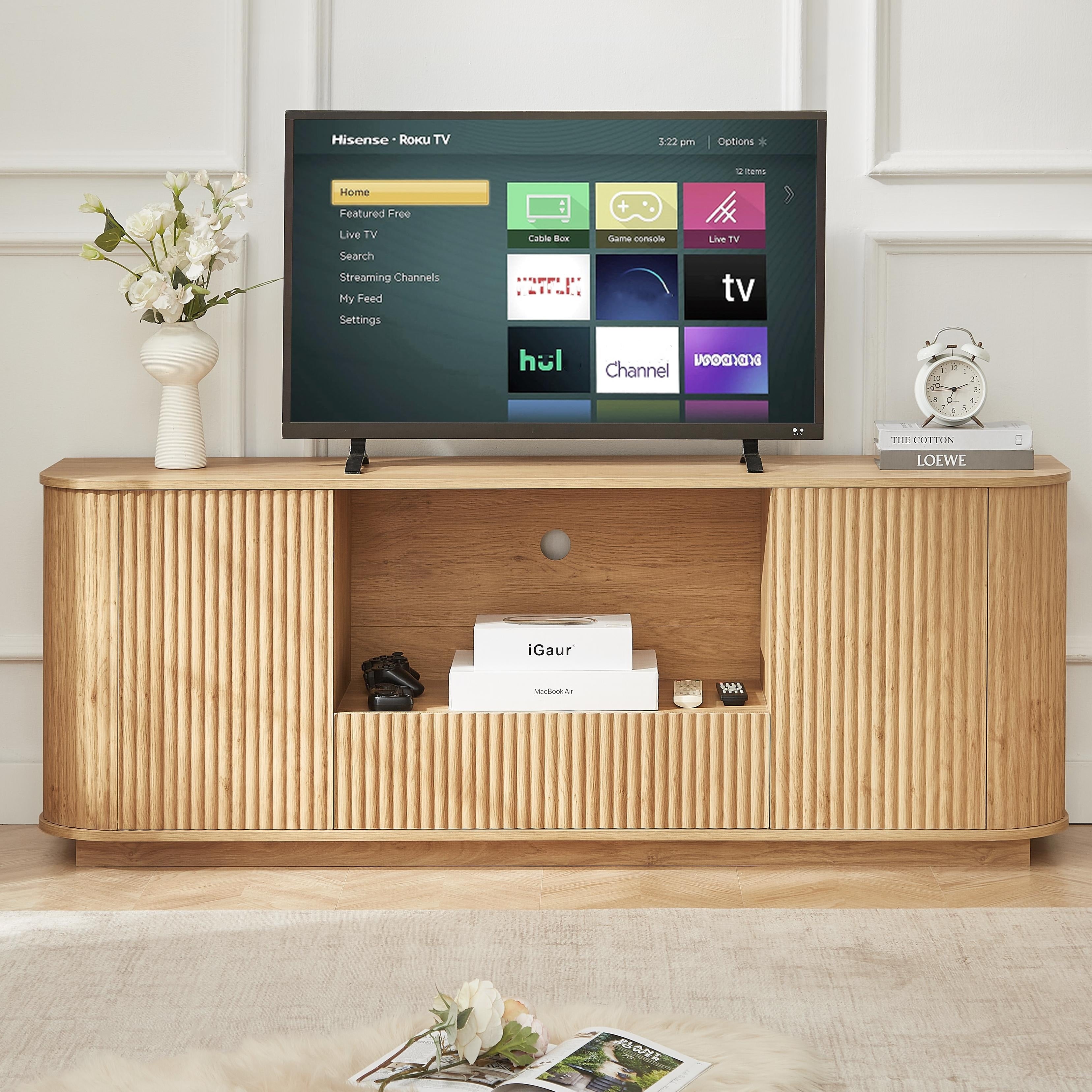 64 Wavy Tv Stand Rounded Sideboard Wooden Vertical Stripe Cabinet For Living Room Bedroom Entryway 64 W X 15 D X 24 H