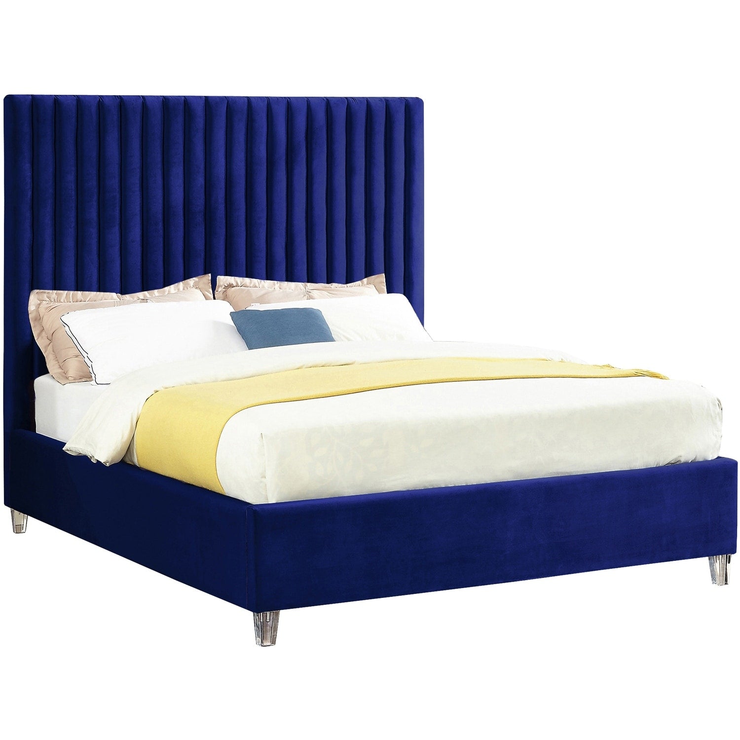 65 In.H Blue Wood Frame King Size Panel Bed With Velvet Upholstery Material And Bed Frame Mounted