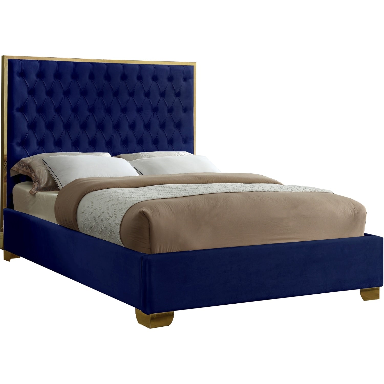 65 In.H Blue Wood Frame Queen Size Panel Bed With Velvet Upholstery Material And Bed Frame Mounted