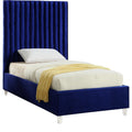 65 In.H Blue Wood Frame Twin Size Panel Bed With Velvet Upholstery Material And Bed Frame Mounted
