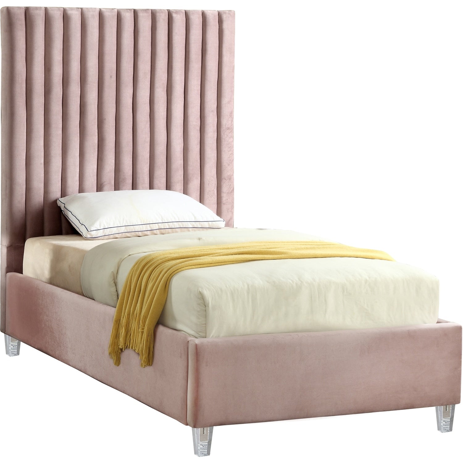 65 In.H Pink Wood Frame Twin Size Panel Bed With Velvet Upholstery Material And Bed Frame Mounted
