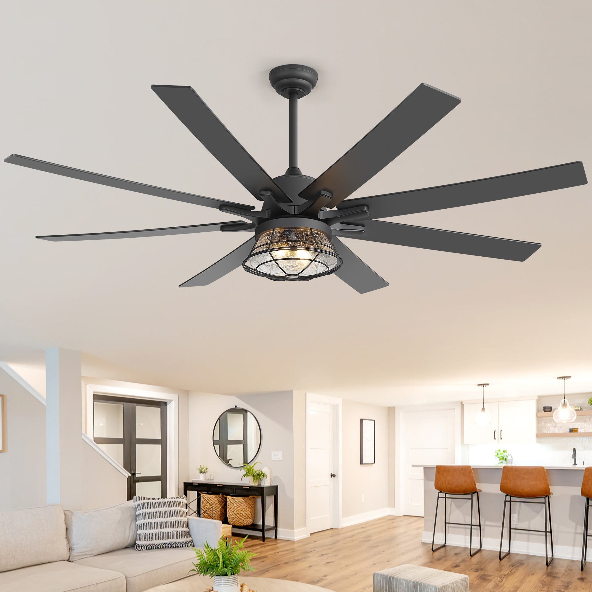 65 Industrial Seeded Glass Black Decorative Ceiling Fan With Remote And Light Kit