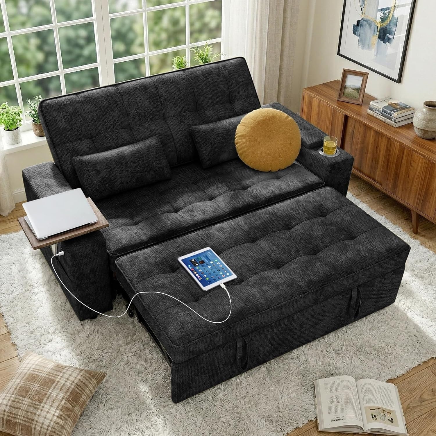 65 Sleeper Sofa Bed 3 In 1 Pull Out Couch With Chenille Fabric Convertible Loveseat For Living Room And Apartment