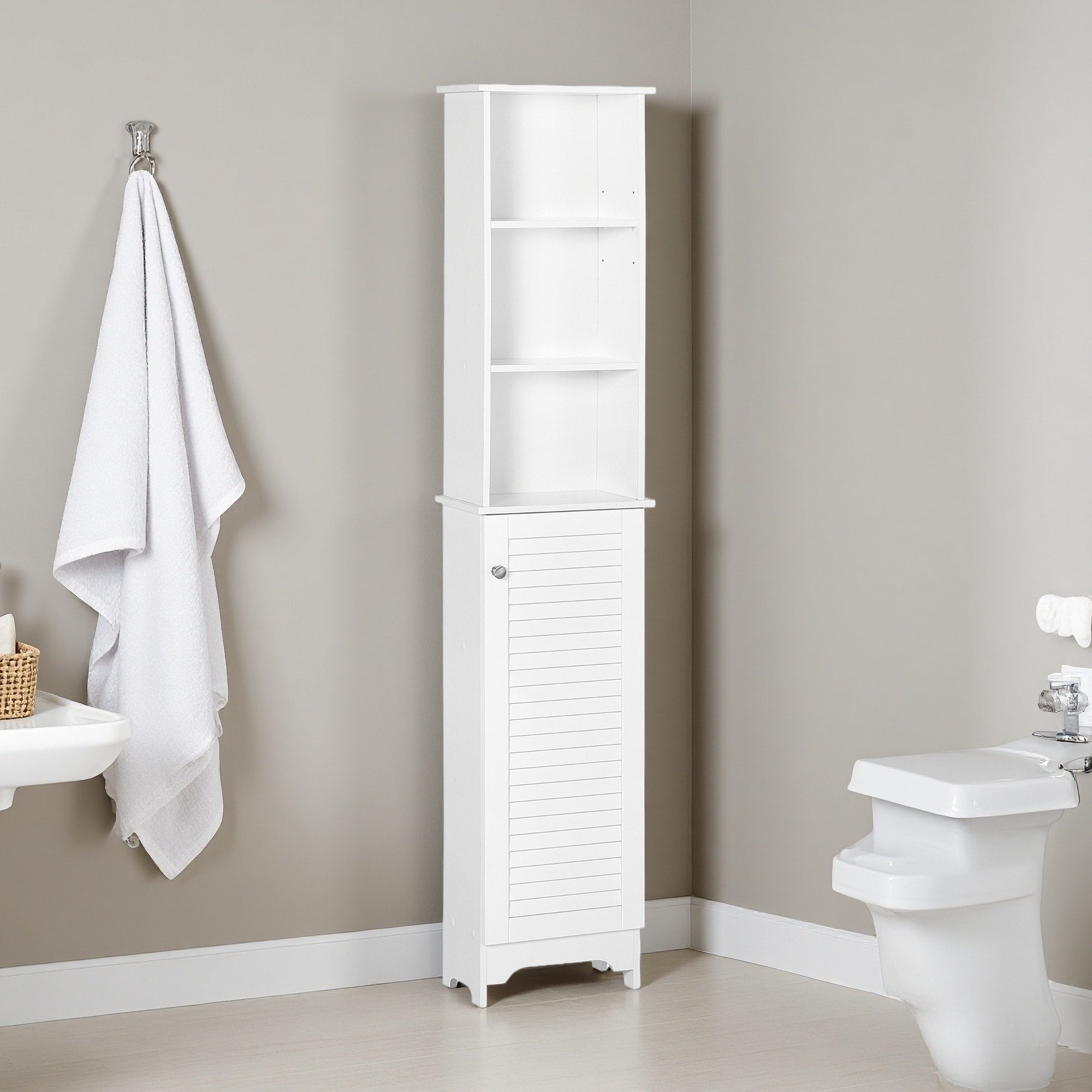 65 Tall Bathroom Storage Cabinet Freestanding Linen Tower With 3 Tier Open Adjustable Shelf Space Saving Bathroom Organizer