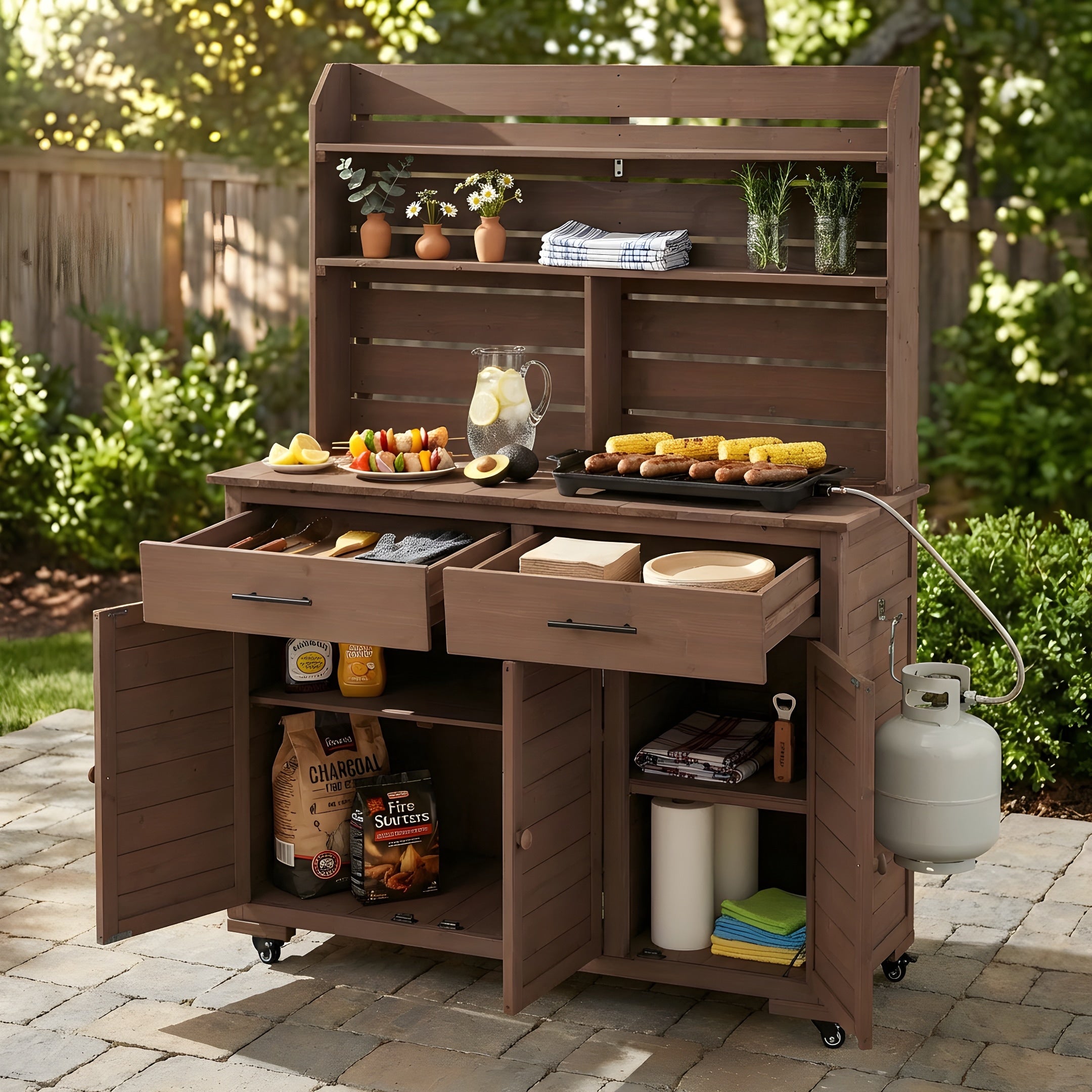 65 H Large Garden Potting Bench With Lockable Wheels And Storage Cabinet Wood Cart With Hutch Top Drawers And Removal Shelves