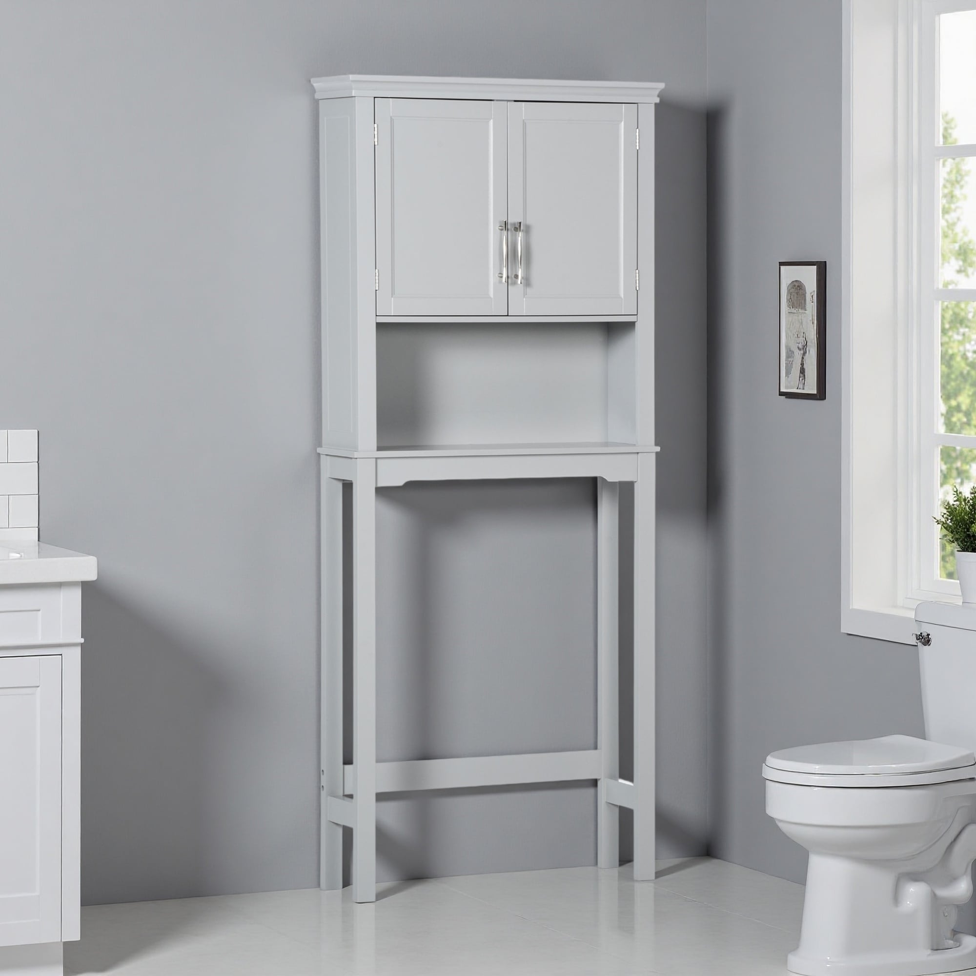 65 H Modern Over The Toilet Storage Cabinet Double Door Bathroom Organizer With Inner Adjustable Shelf And Open Shelf