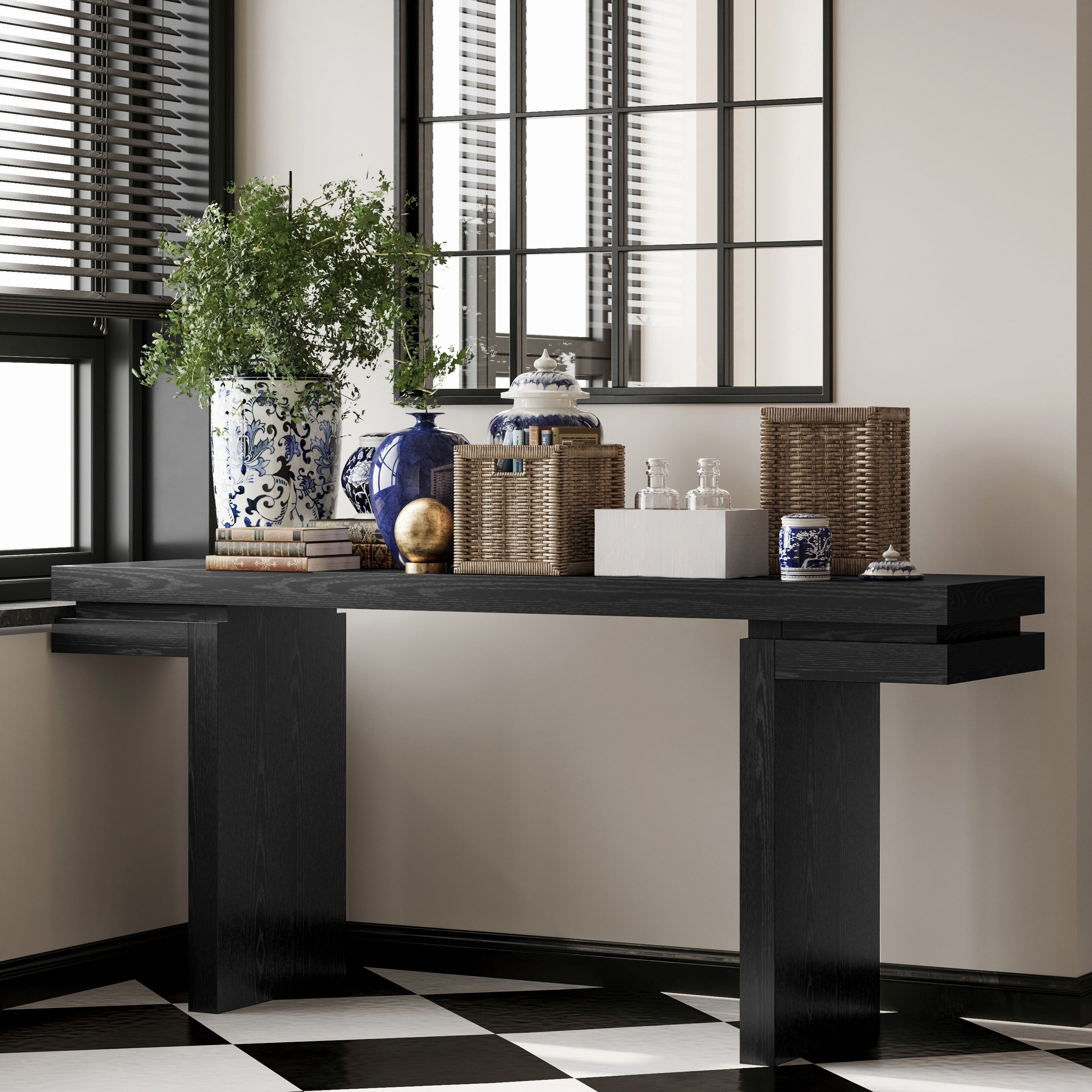 66 Inch Extra Wide Console Table Minimalist With Real Wood Veneer Black