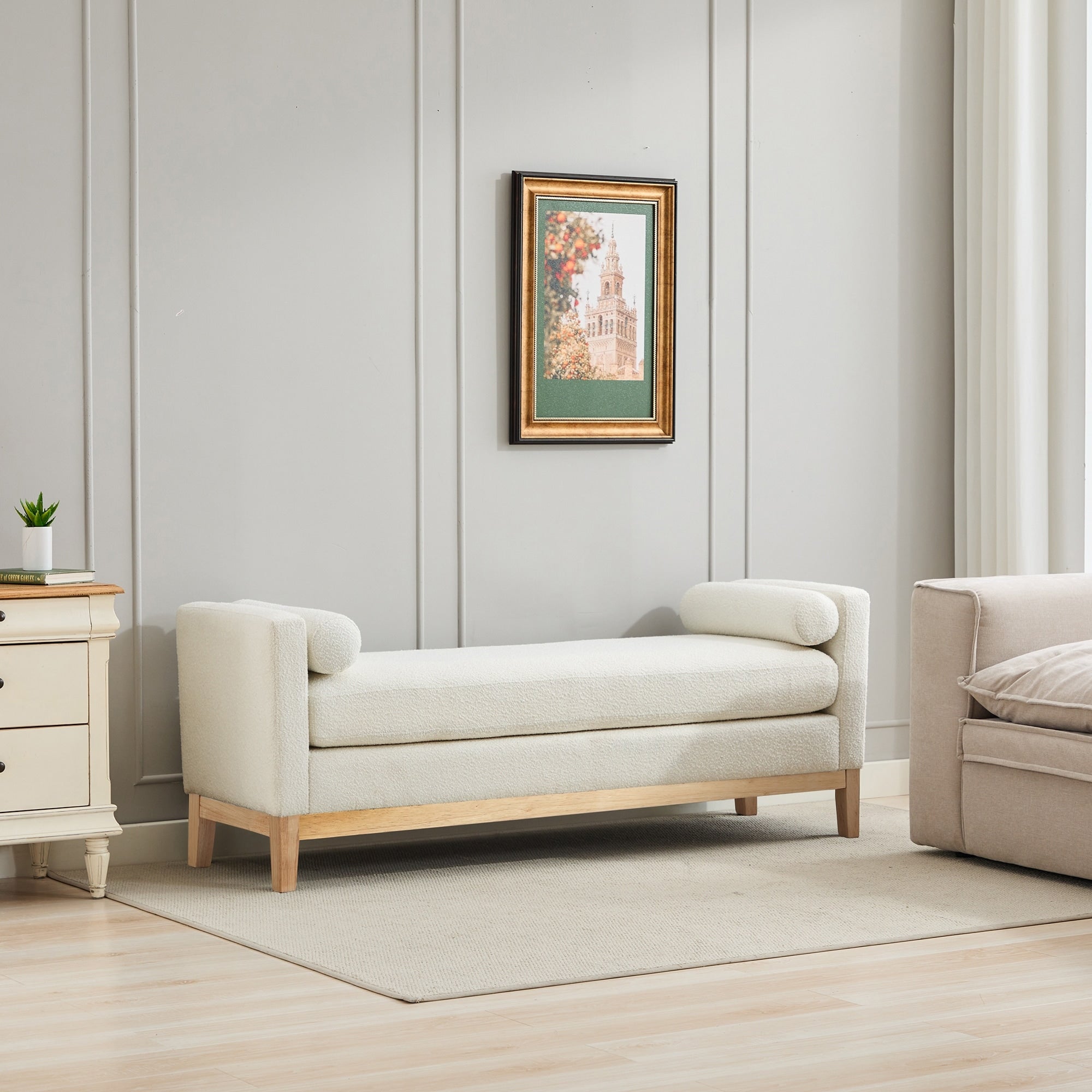 66.34 W Elegant Upholstered Bench Ottoman With Nature Wood Legs 2 Bolster Pillows For End Of Bed Bedroom Living Room